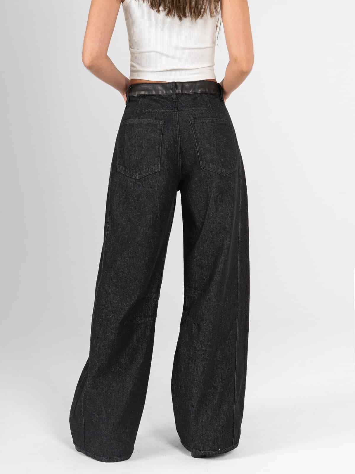 Ref: 066505 Jean wide leg, tiro alto, rígido, pretina tipo cuero, tono gris oscuro. - miniatura 3