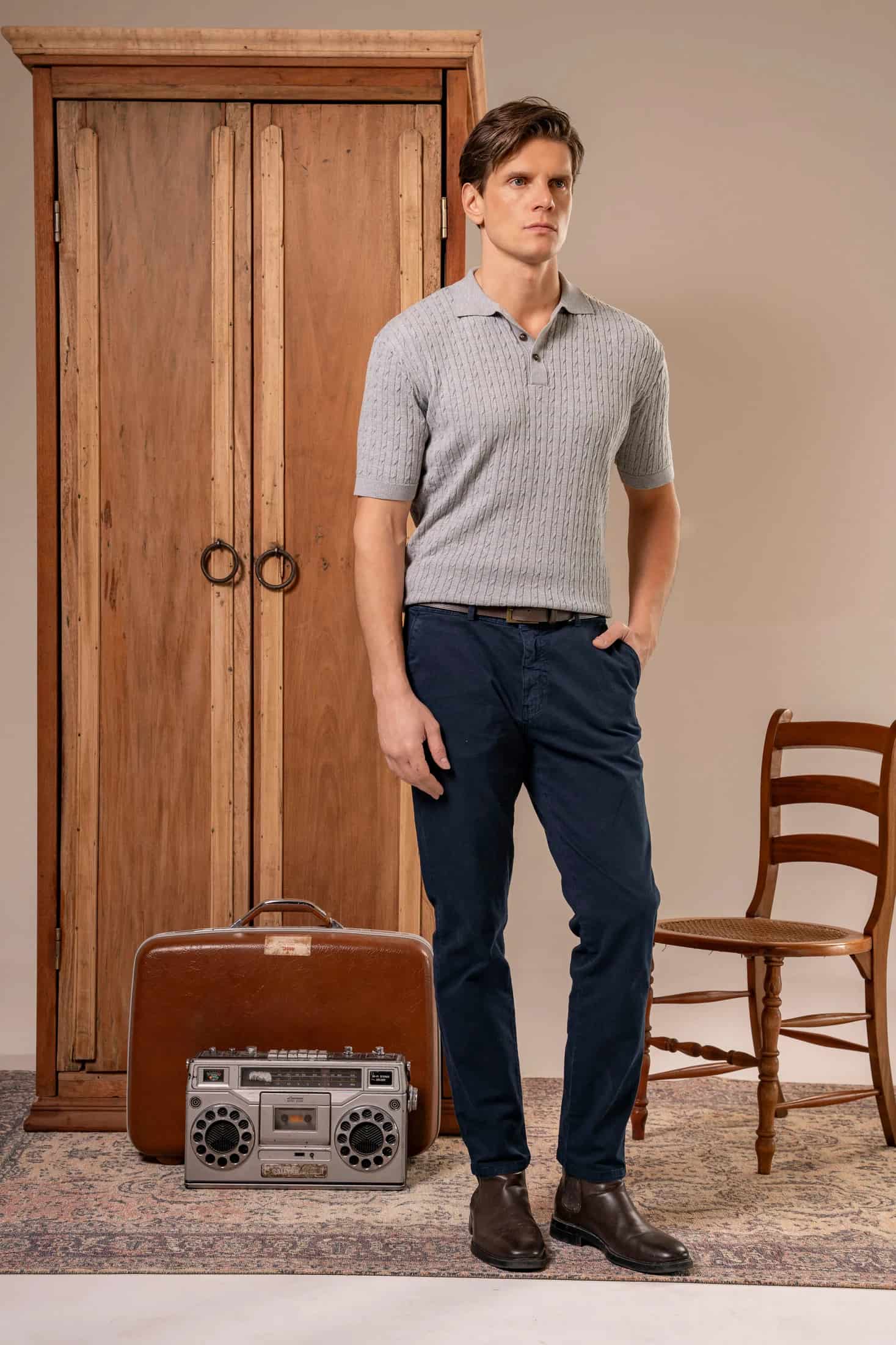 Camiseta polo trenzada tejida Hombre Hueso - miniatura 4
