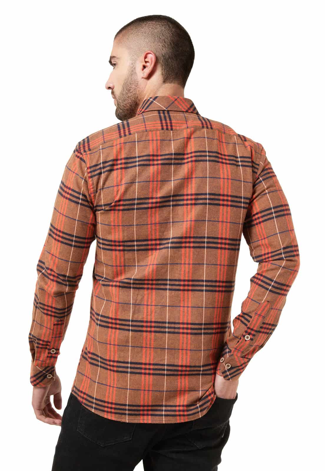 Camisa leñadora camel con naranja y negro doble bolsillo - miniatura 2