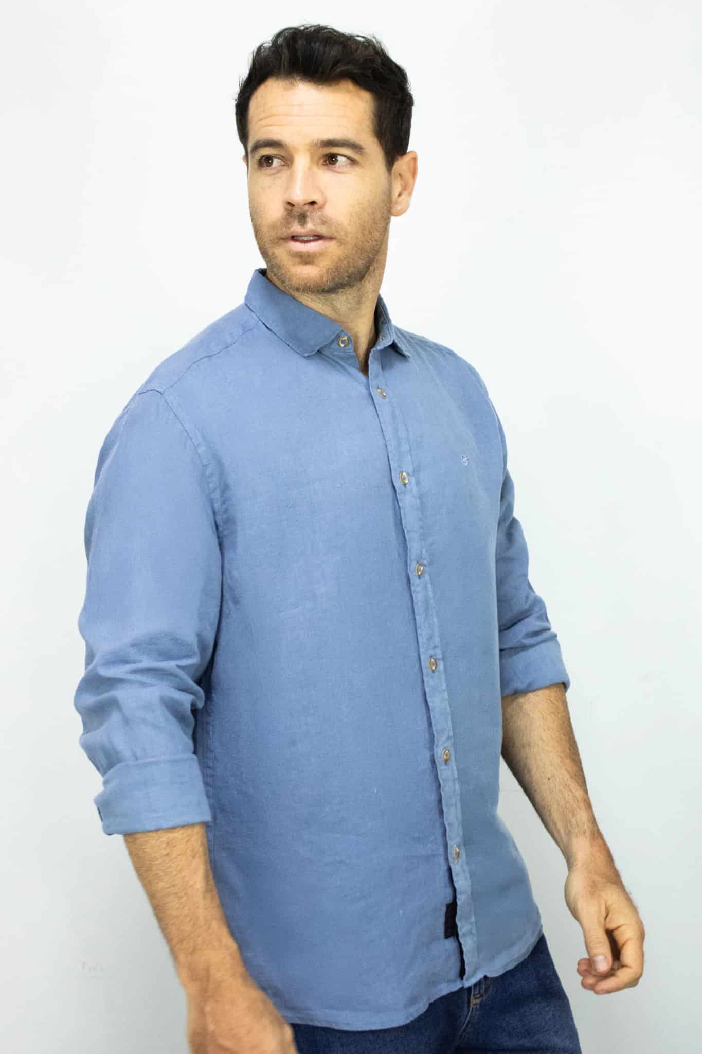 Camisa de Lino Azul Manga Larga para Hombre - miniatura 2