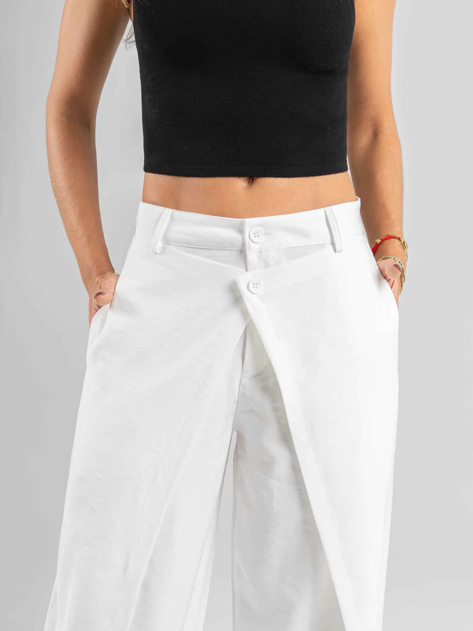 Ref: 0620550 Pantalón wide leg, tejido plano liviano, tiro alto, detalle delantero, tono ivory - miniatura 2