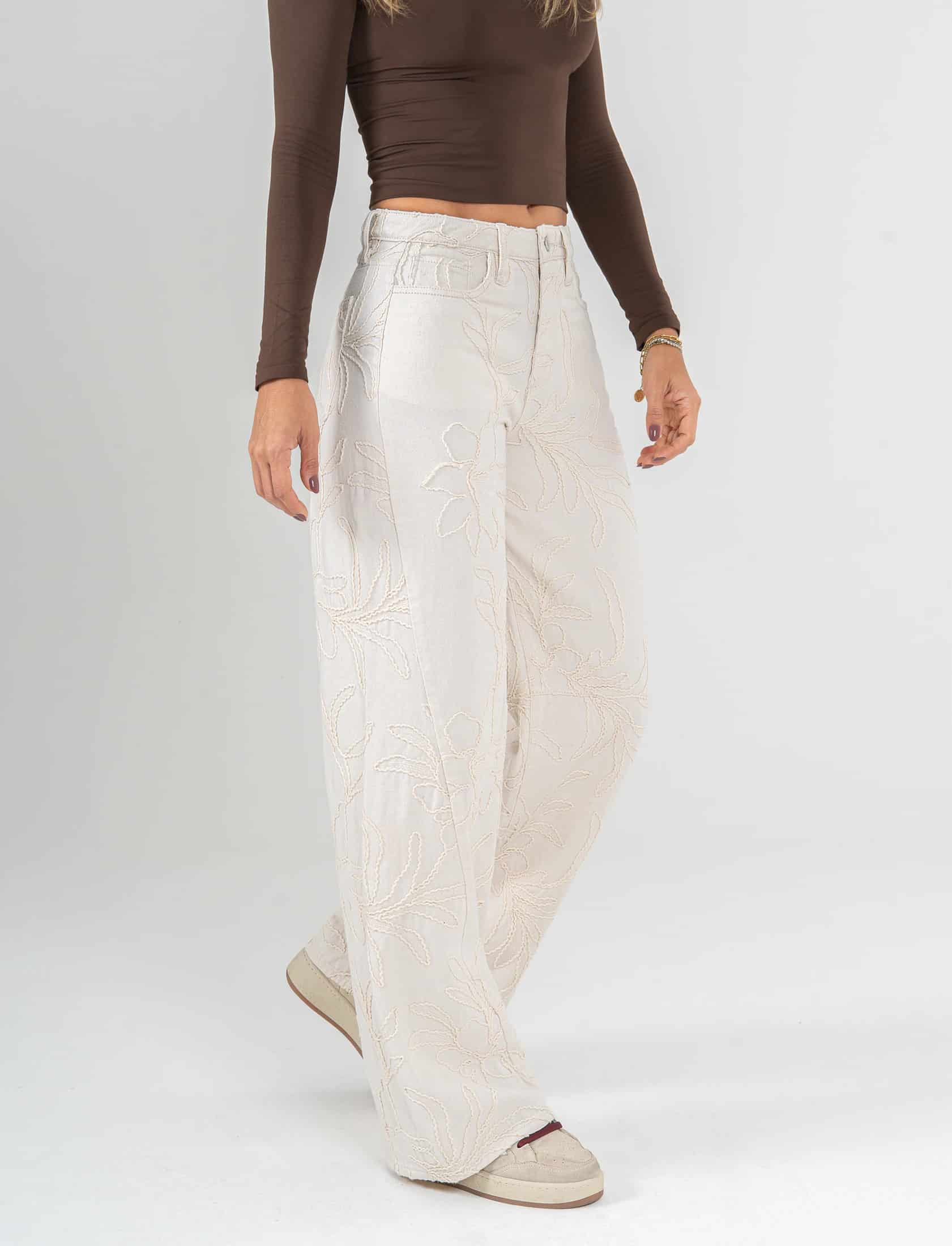 Ref: 0620284 Pantalón wide leg, tiro medio, tela bordada, tono natural - miniatura 4