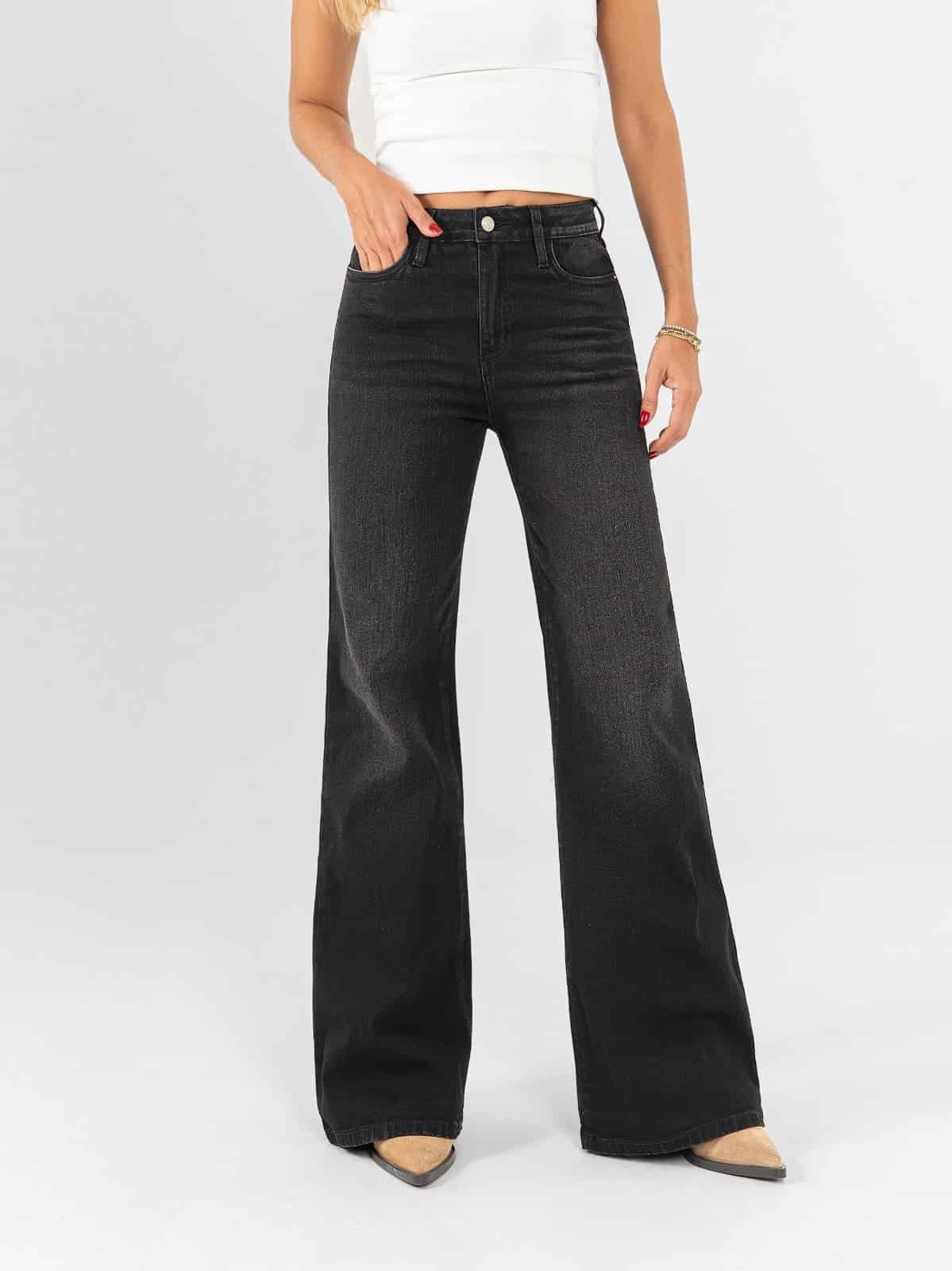 Ref: 066417 Pantalón flare stretch, bota ancha, tiro alto, tono gris oscuro - miniatura 1