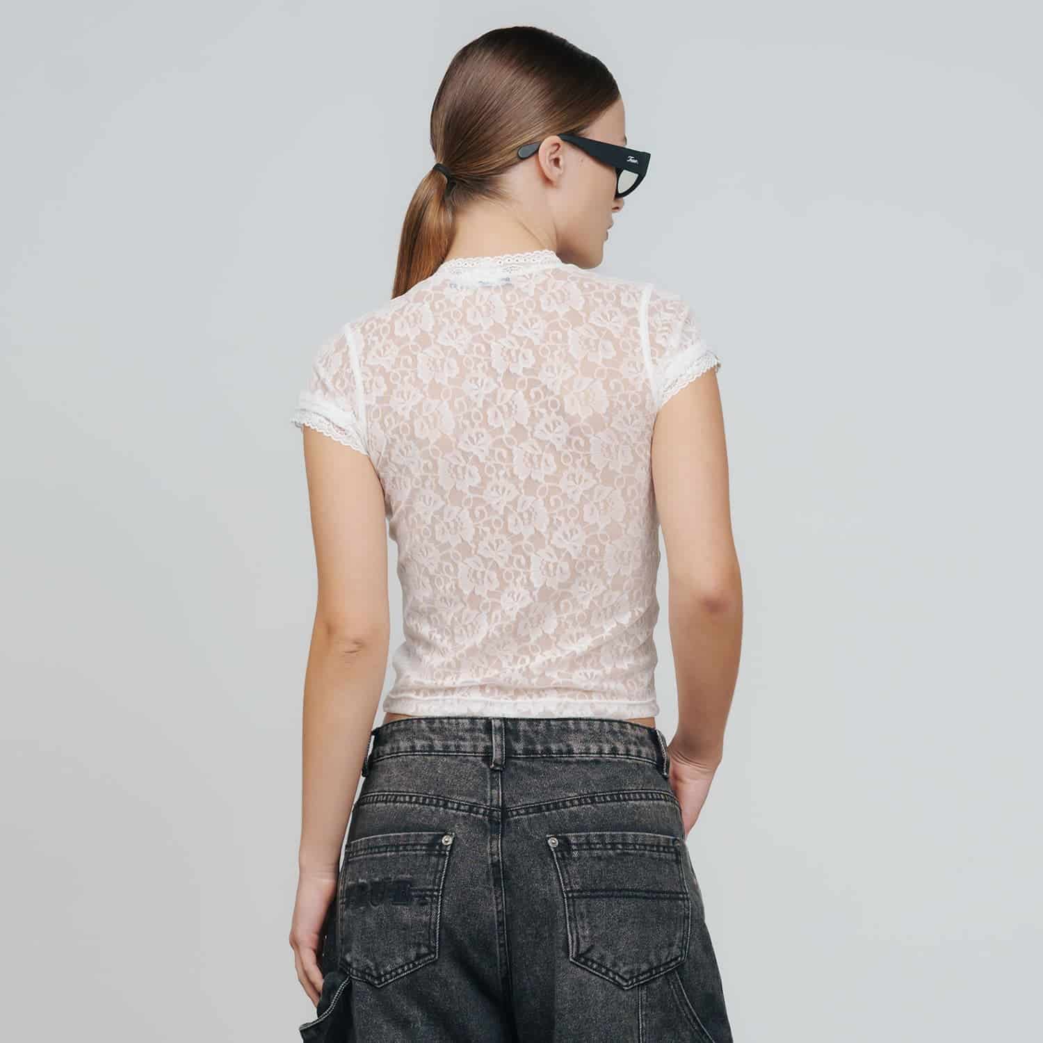 Floral Lace Baby Tee - Cream - miniatura 3