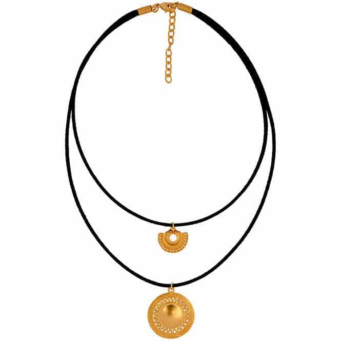 Collar Cuero doble con Dijes Nariguera Semilunar Tairona y Pectoral de Rayos Muisca - miniatura 1