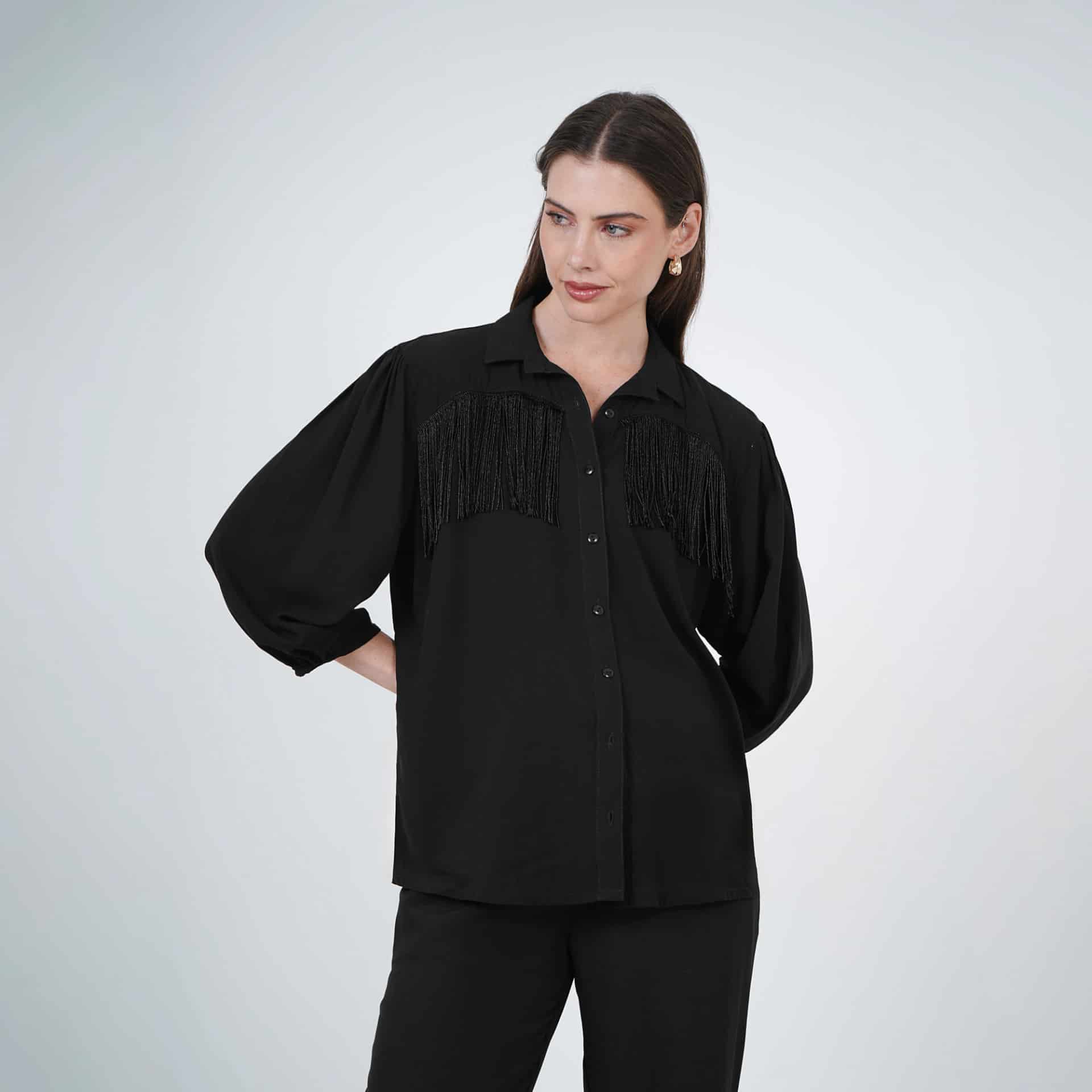 Blusa cuello camisero manga 3/4 con flecos - miniatura 1