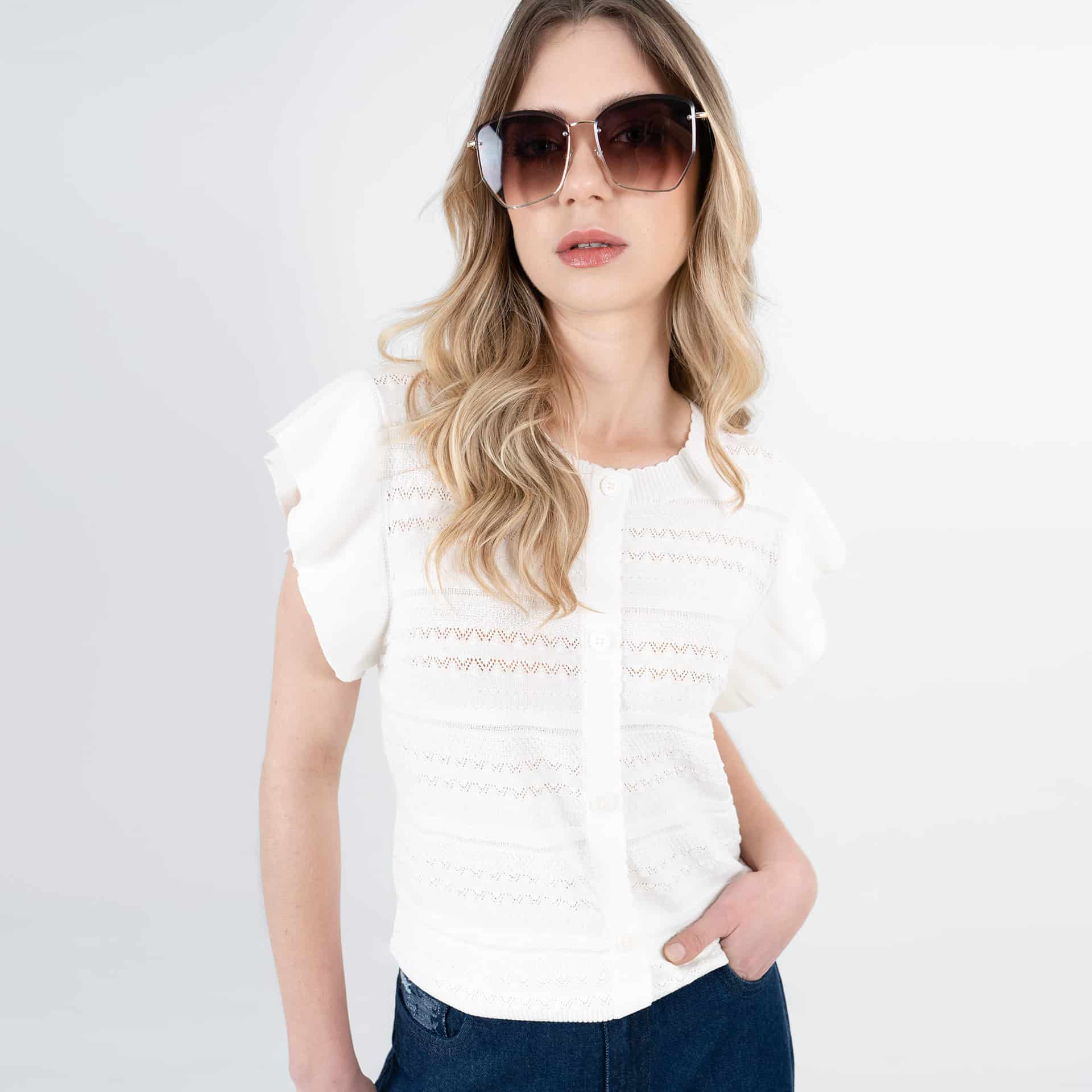 Sweater cuello redondo manga corta bolero con botones - miniatura 3