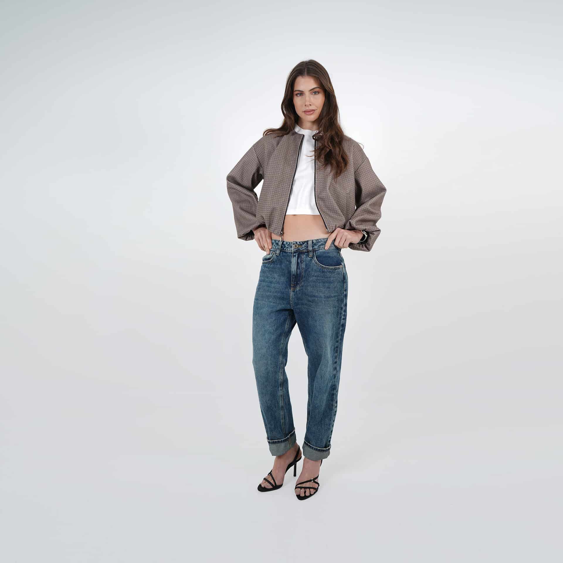 Chaqueta bomber estampado cuadros cuello redondo - miniatura 11