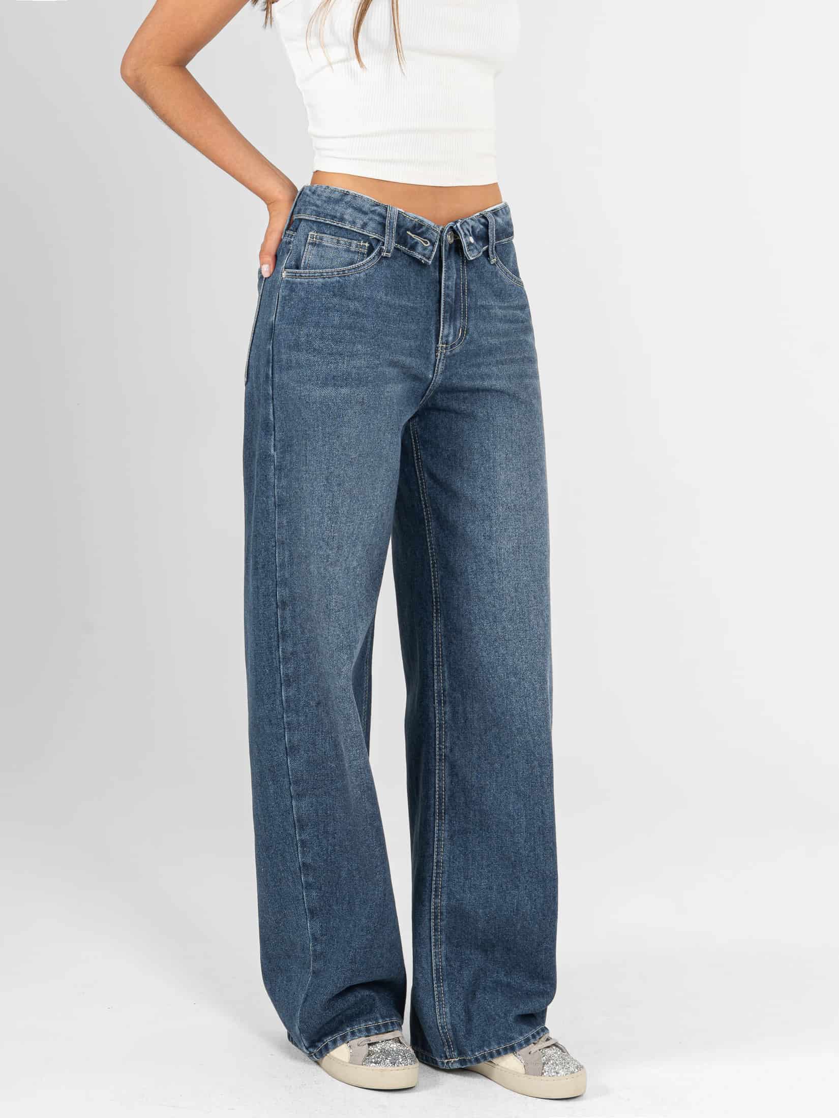Ref: 066570 Jean wide leg, rígido, tiro medio, detalle en pretina, tono azul medio oscuro - miniatura 3