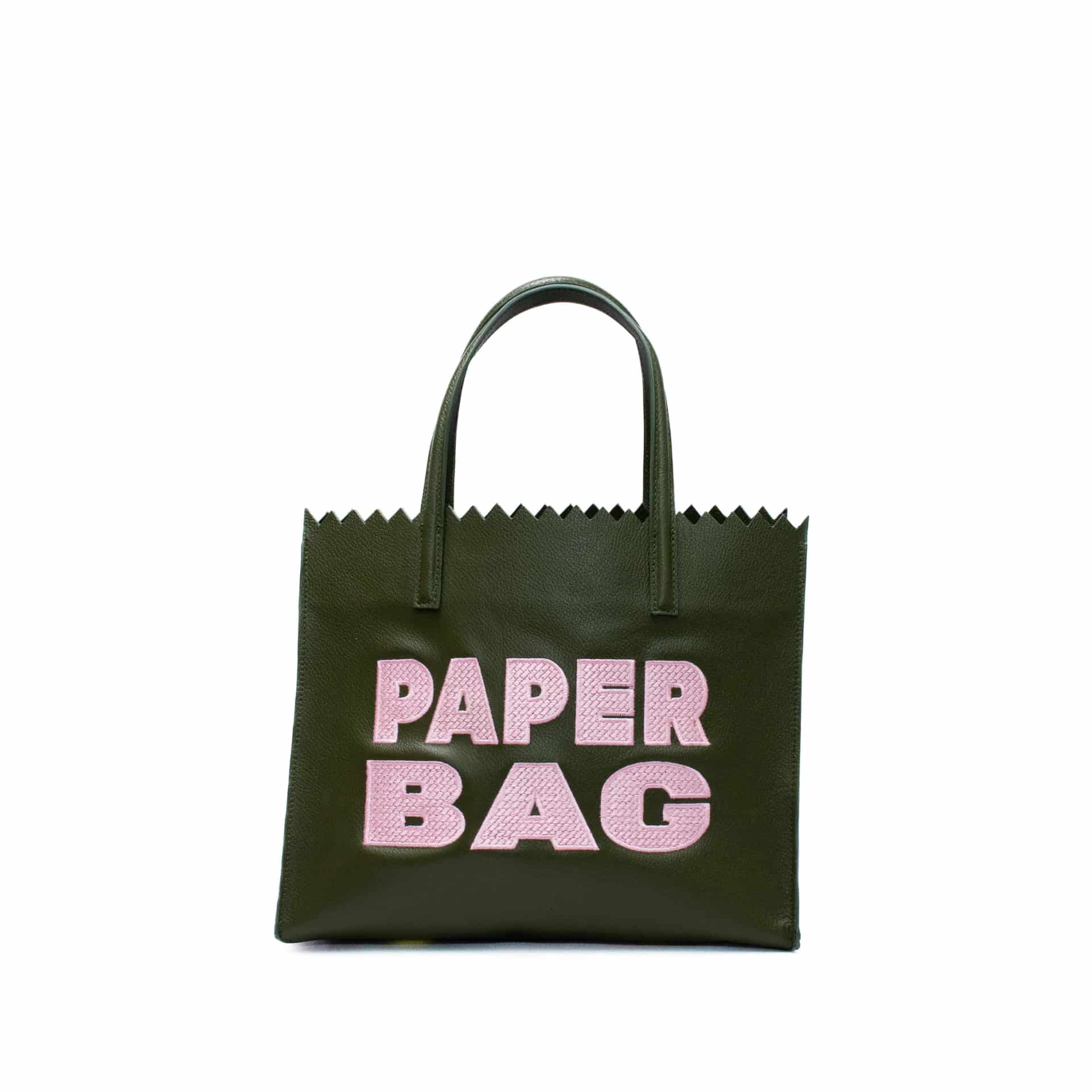 PAPER BAG SHORT - verde olivo x bordado rosa - miniatura 1
