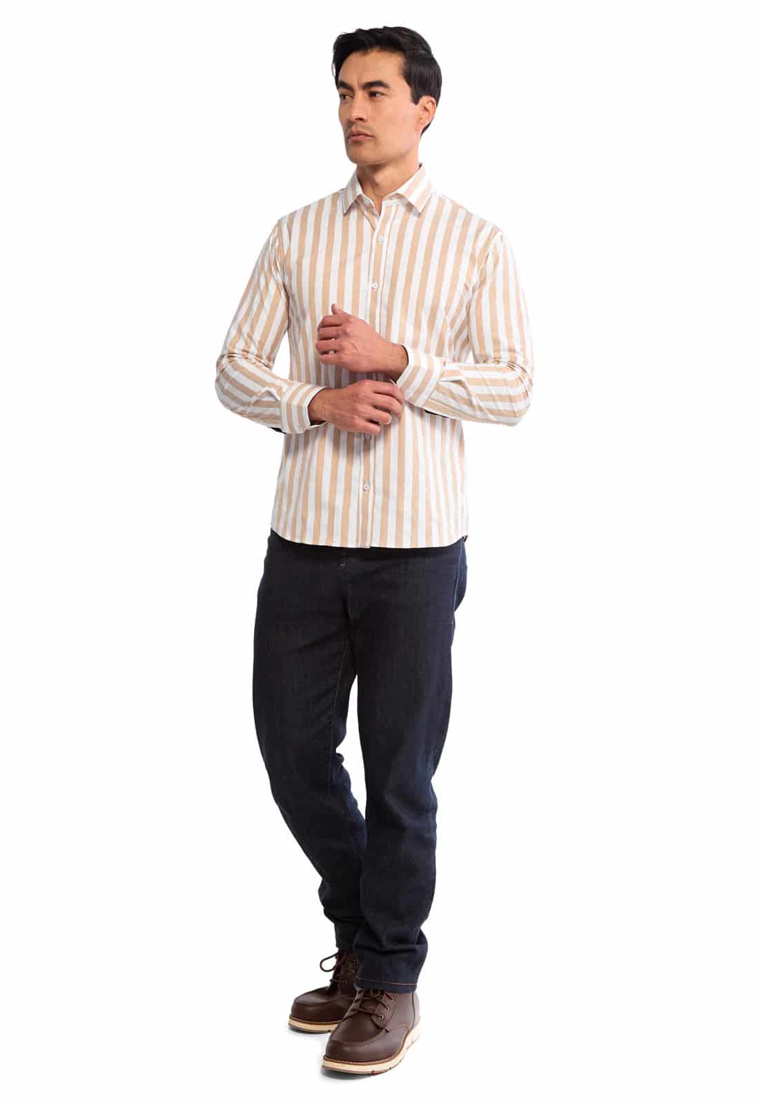 Camisa manga larga blanca con rayas camel - miniatura 4
