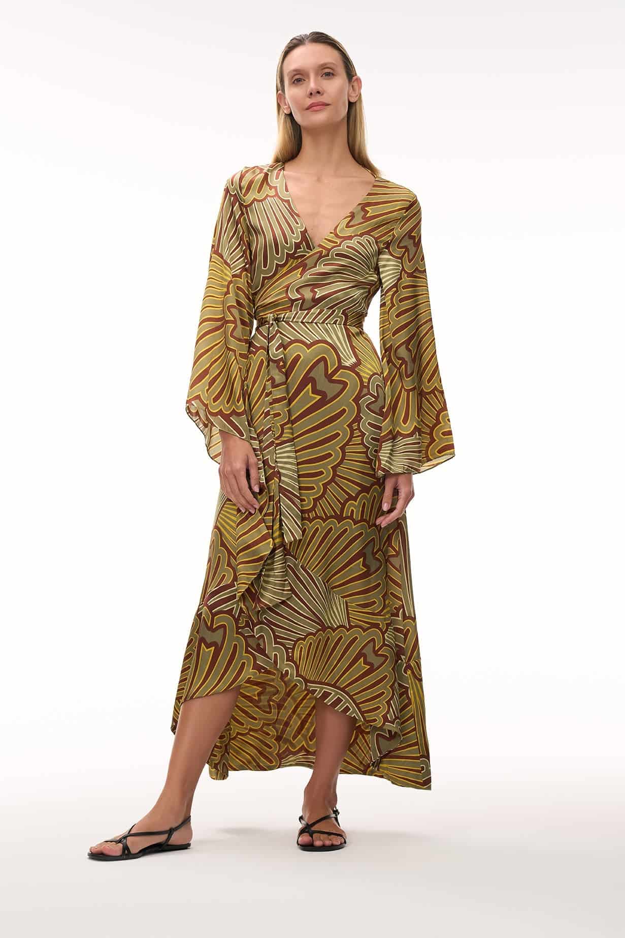Pacífico Satin Silk Midi Dress / Yellow Intricate Shells - miniatura 1