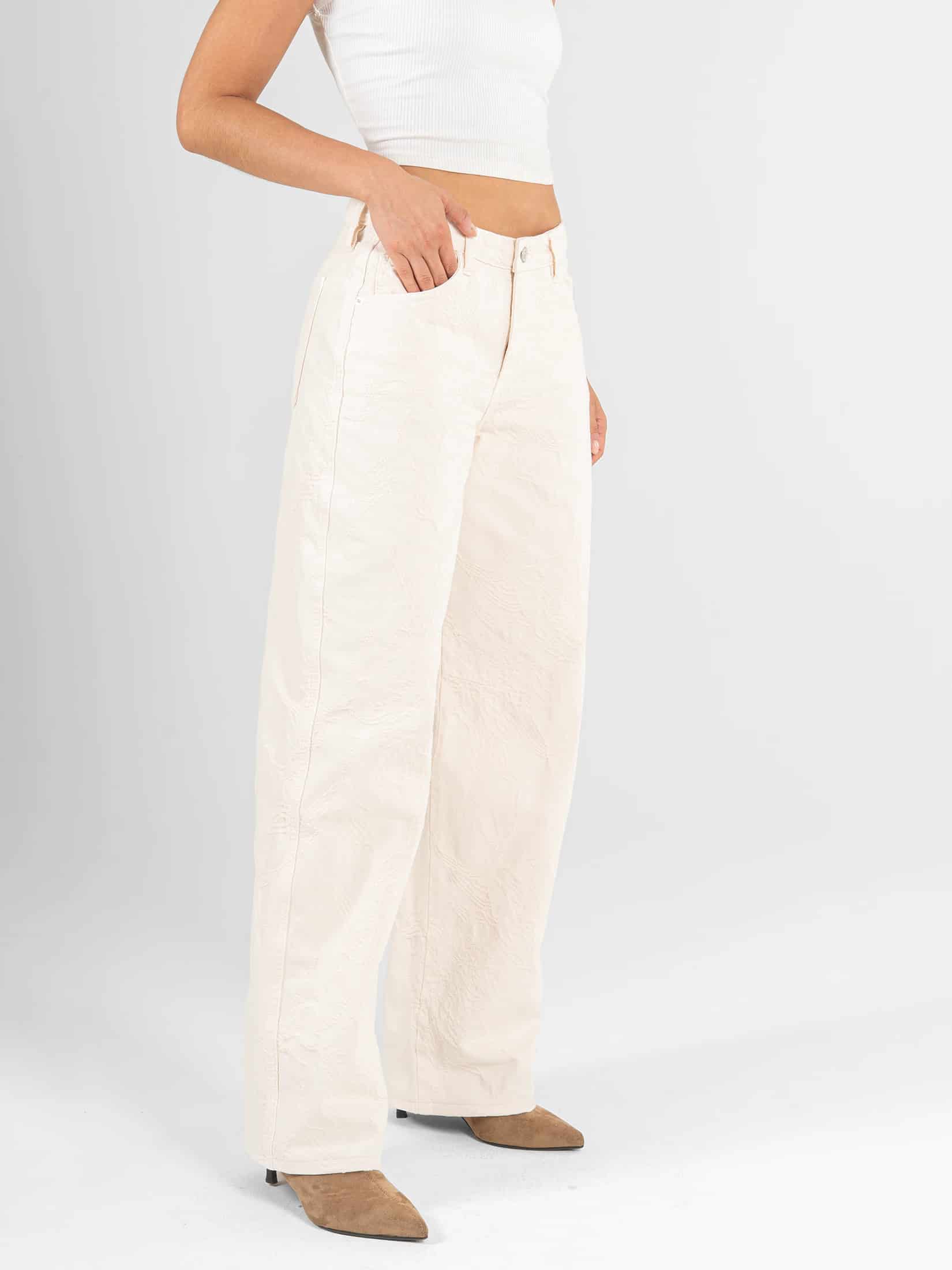 Ref: 0620600 Pantalón wide leg, rígido, tiro medio, tela bordada, tono natural - miniatura 3
