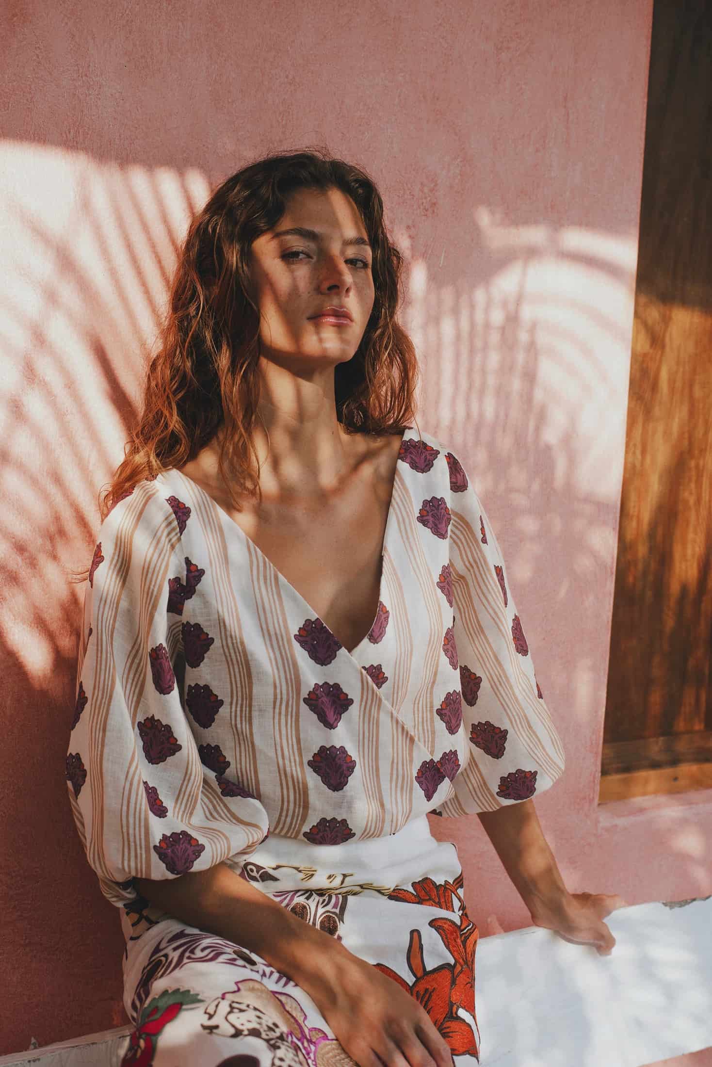 Beatrice Linen Top / White Beige Stripes - miniatura 4
