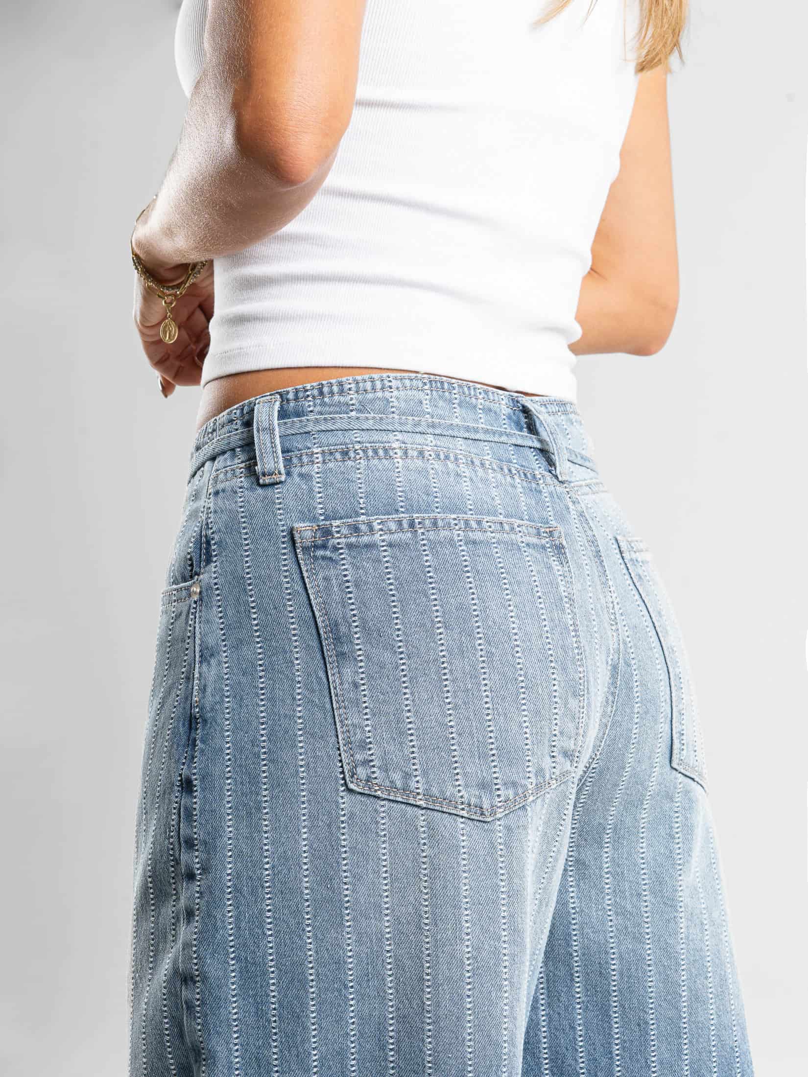 Ref: 066469 Jean palazzo, rígido, detalle en pretina, rayas, tono azul medio - miniatura 4