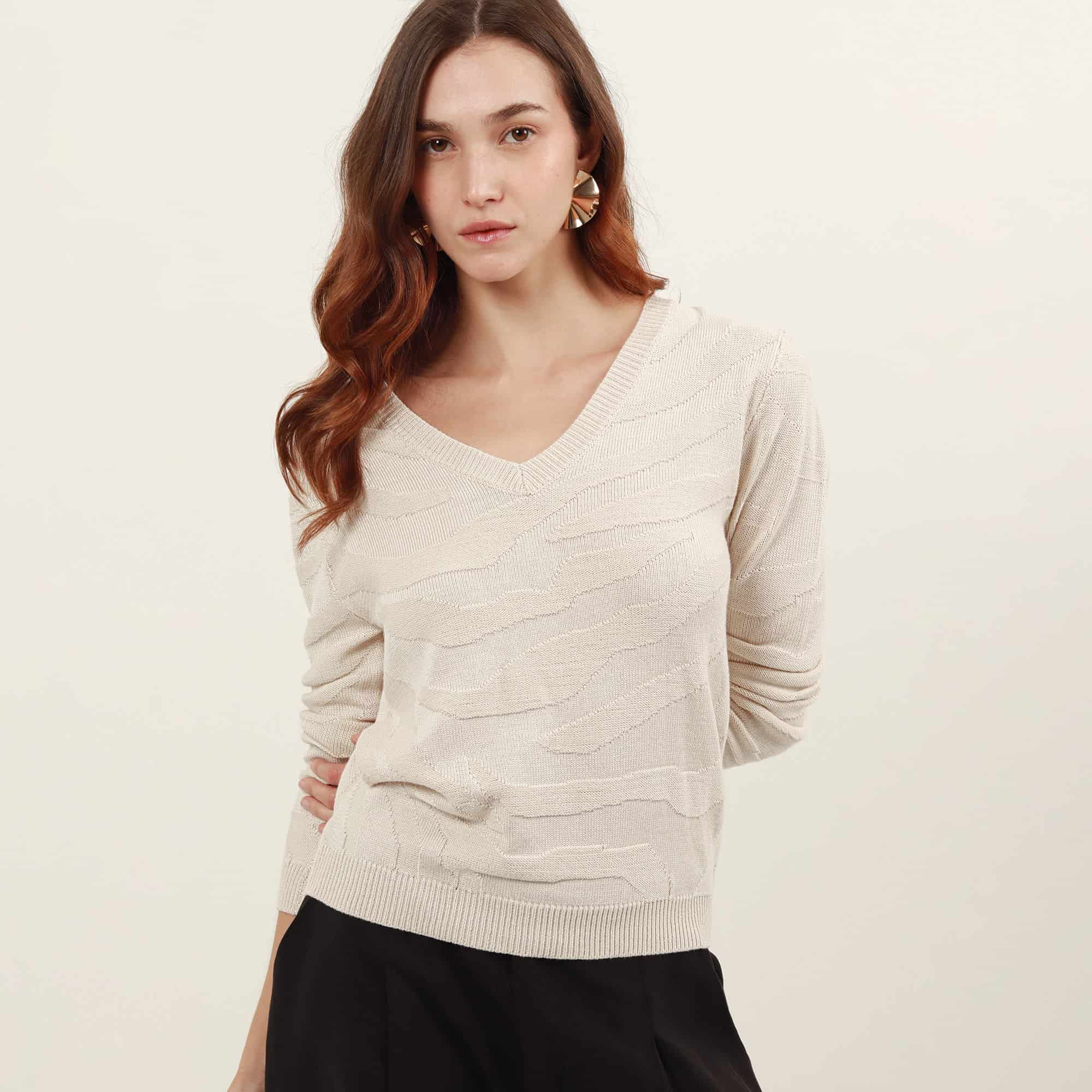 Sweater con textura jacquard cuello en v manga larga - miniatura 2
