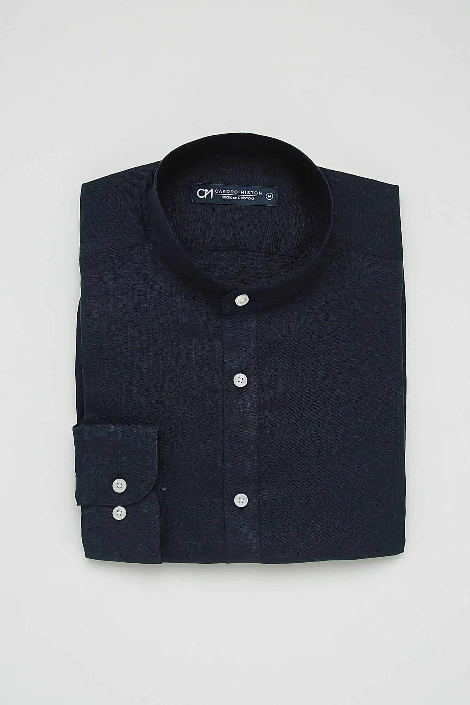 Camisa Cuello Mao Lino Azul Oscuro - miniatura 4