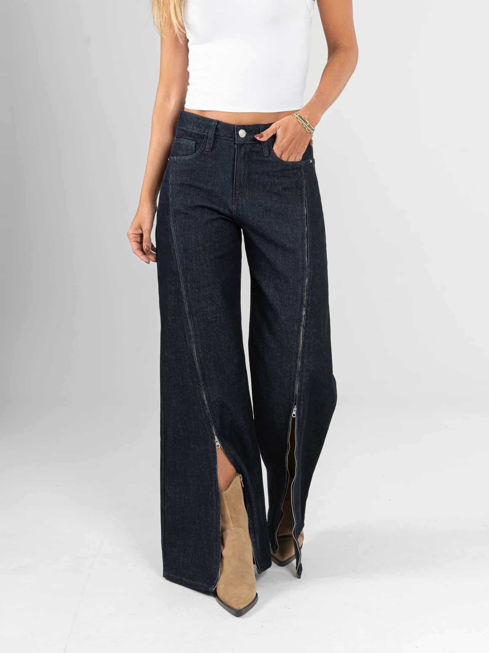 Ref: 066378 Jean wide leg, rigido, tiro alto, detalle con cierres, tono azul oscuro - miniatura 5