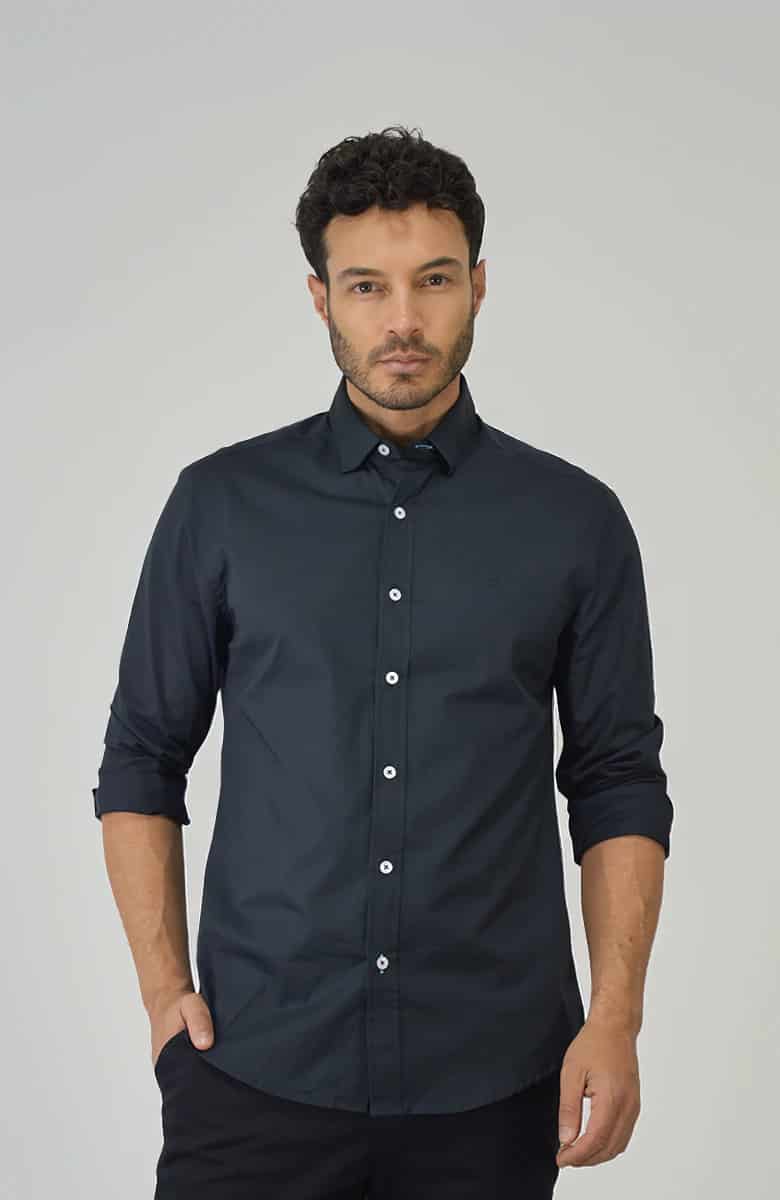 Camisa Popelina Manga larga Negra Para Hombre - miniatura 1