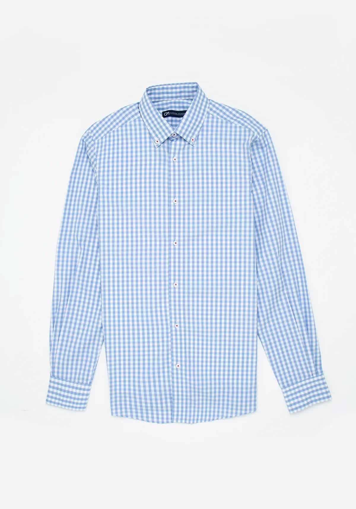 Camisa Cuadro Botón Contraste Algodón Azul Claro - miniatura 1