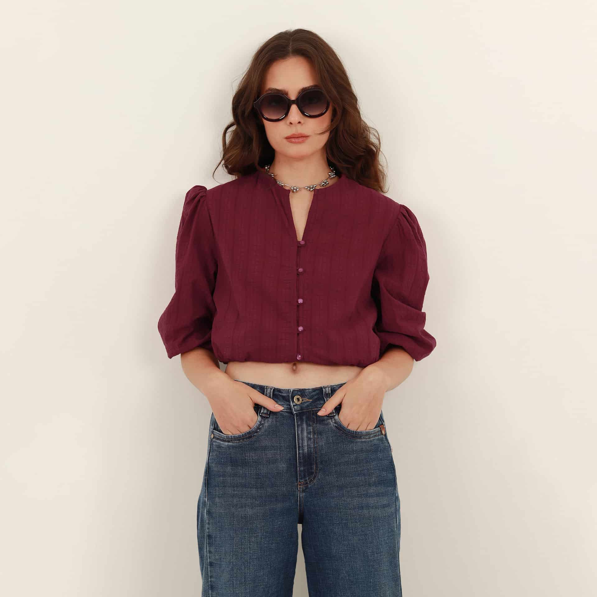 Blusa abierta cuello redondo manga globo 3/4 con cordón en cintura - miniatura 14