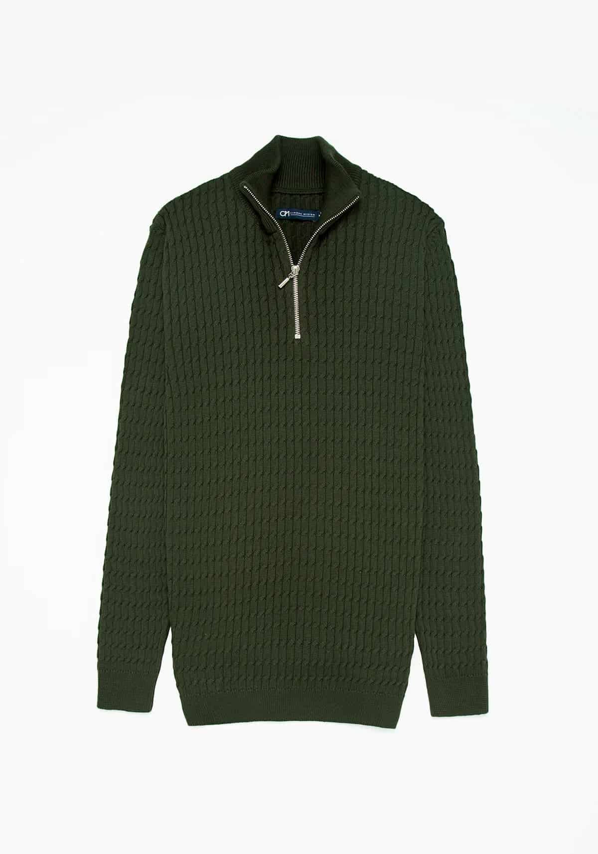 Saco Trenzado Half Zip Algodón Verde Militar - miniatura 1