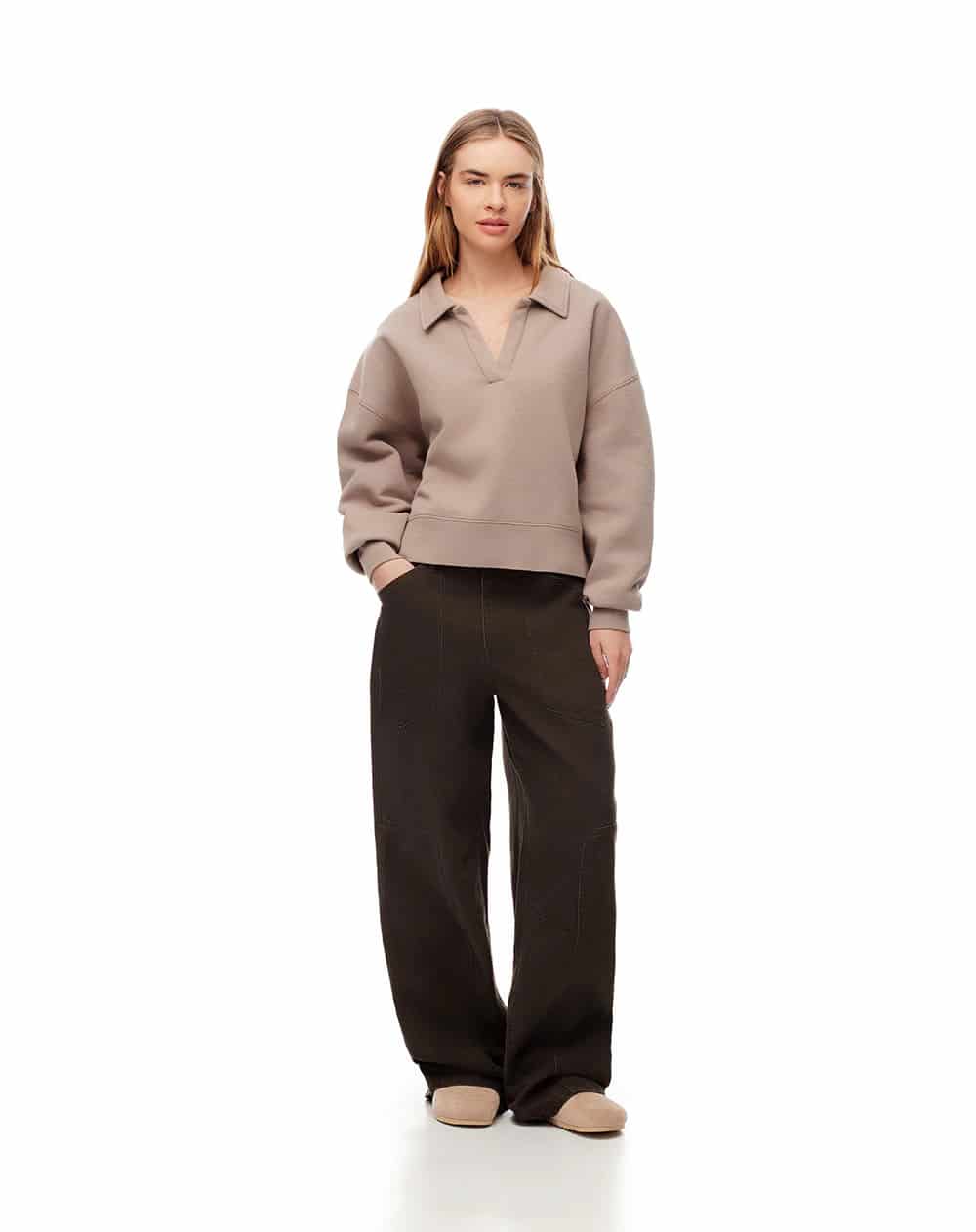 Pantalón wide leg tiro medio drill algodón chocolate mujer - miniatura 1