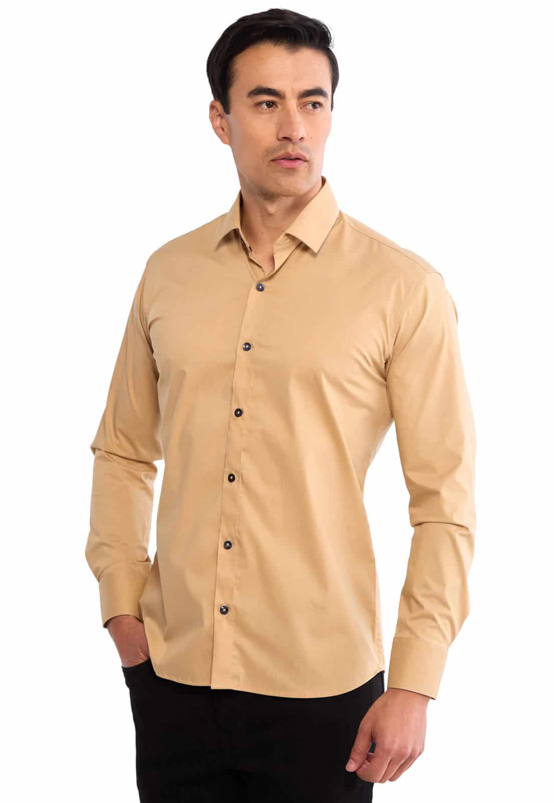 Camisa camel con botones en contraste azules - miniatura 1