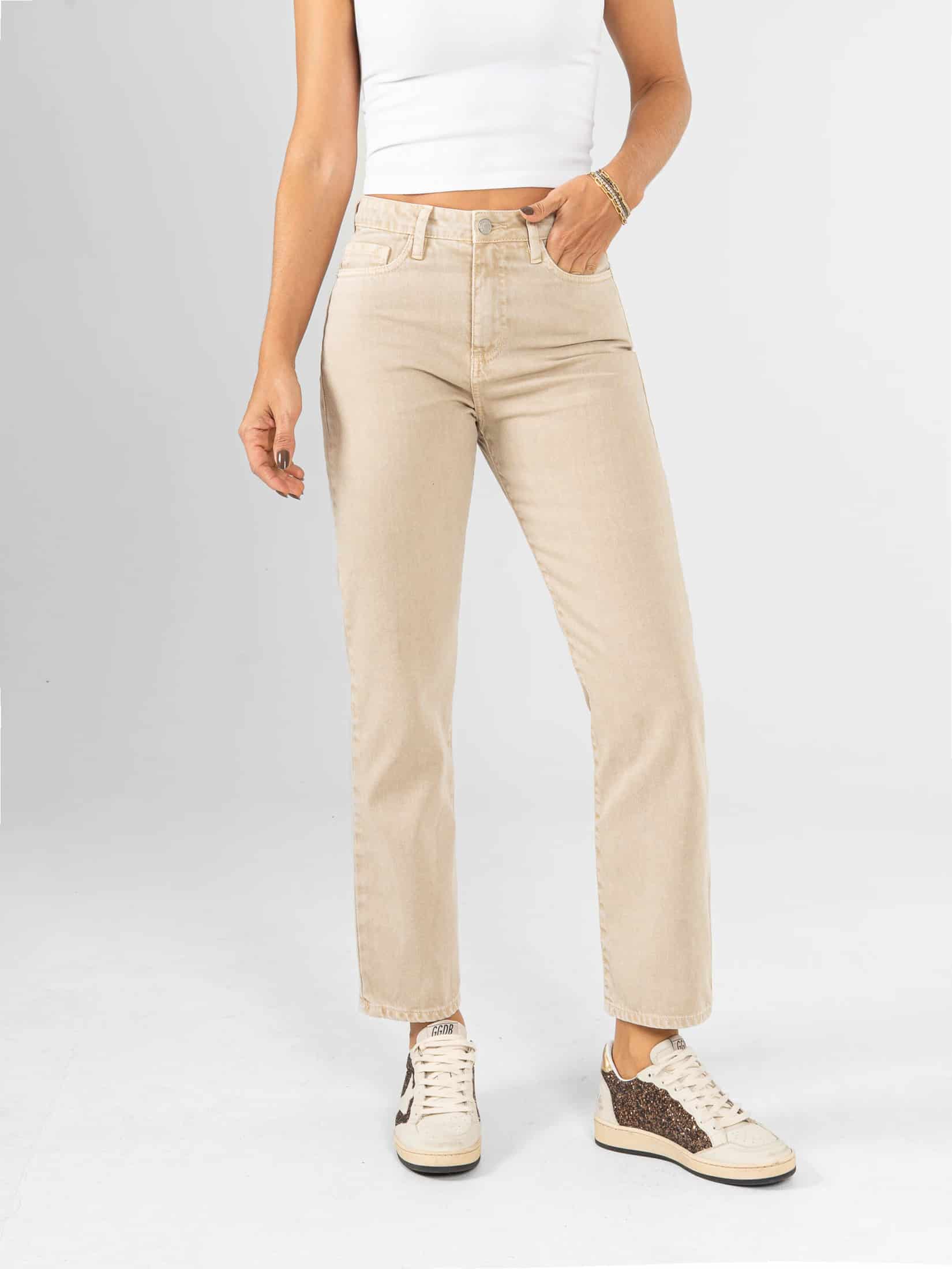 Ref: 0620526 Pantalón mom fit, rígido, tiro alto, tono caqui - miniatura 1