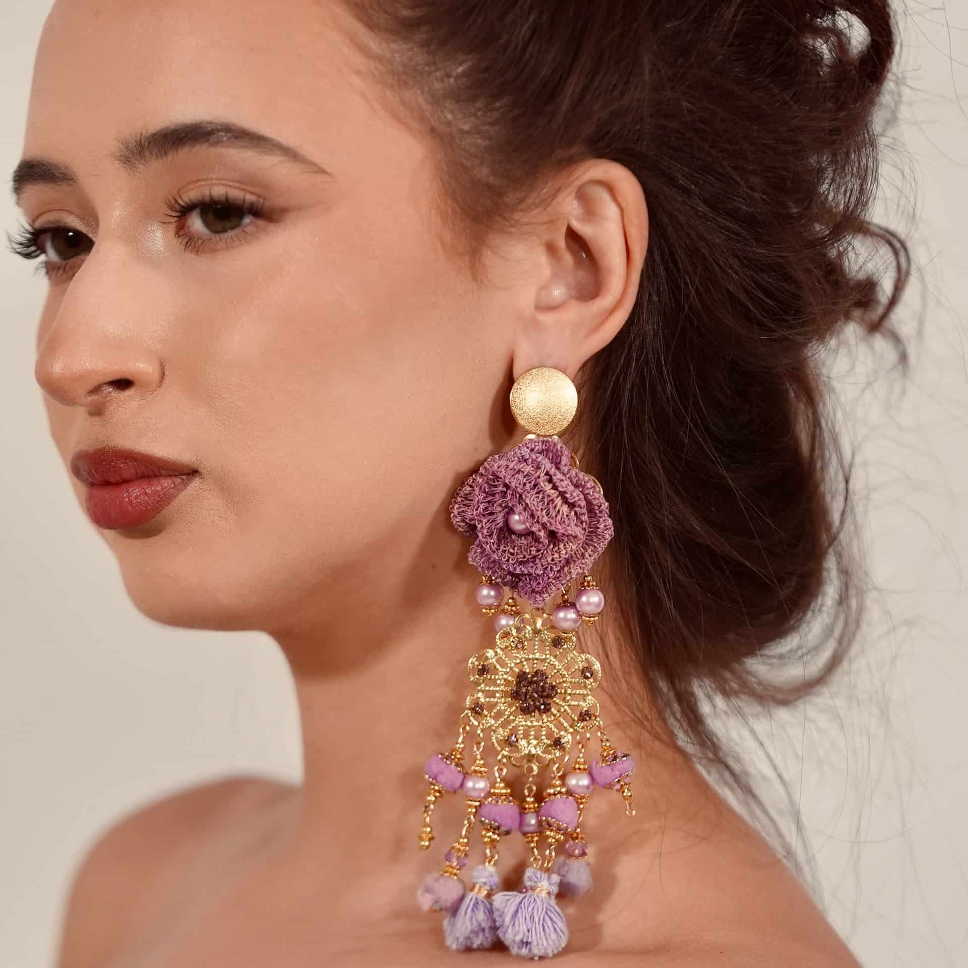 Purple Macrame Tassel Earrings - miniatura 1