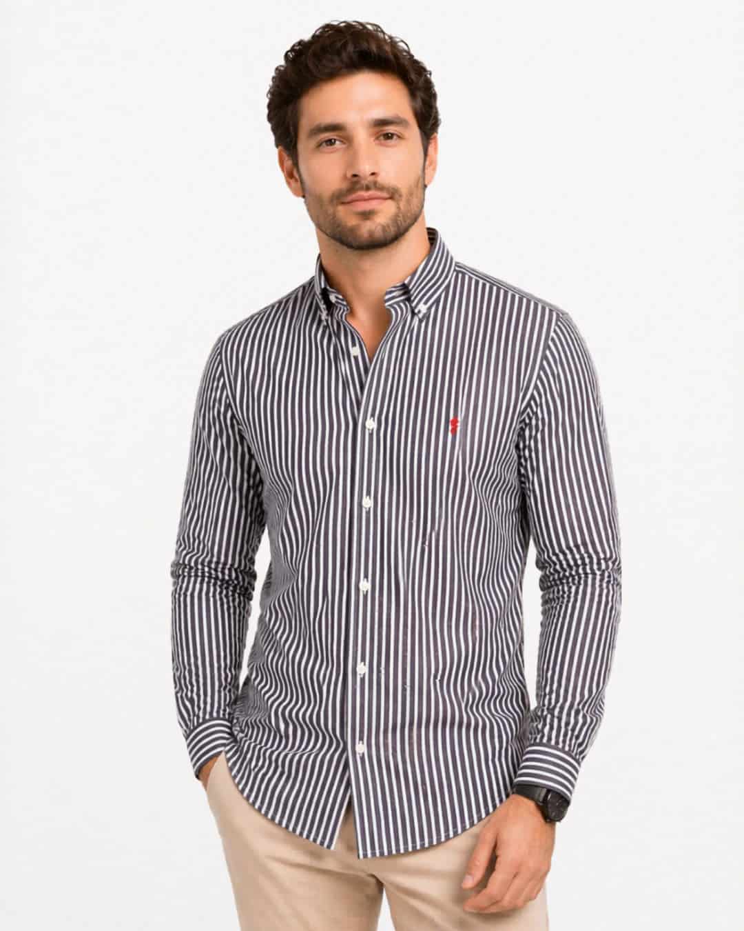 Camisa 100% Algodón Manga Larga Azul Oscuro Rayas Blancas - miniatura 3