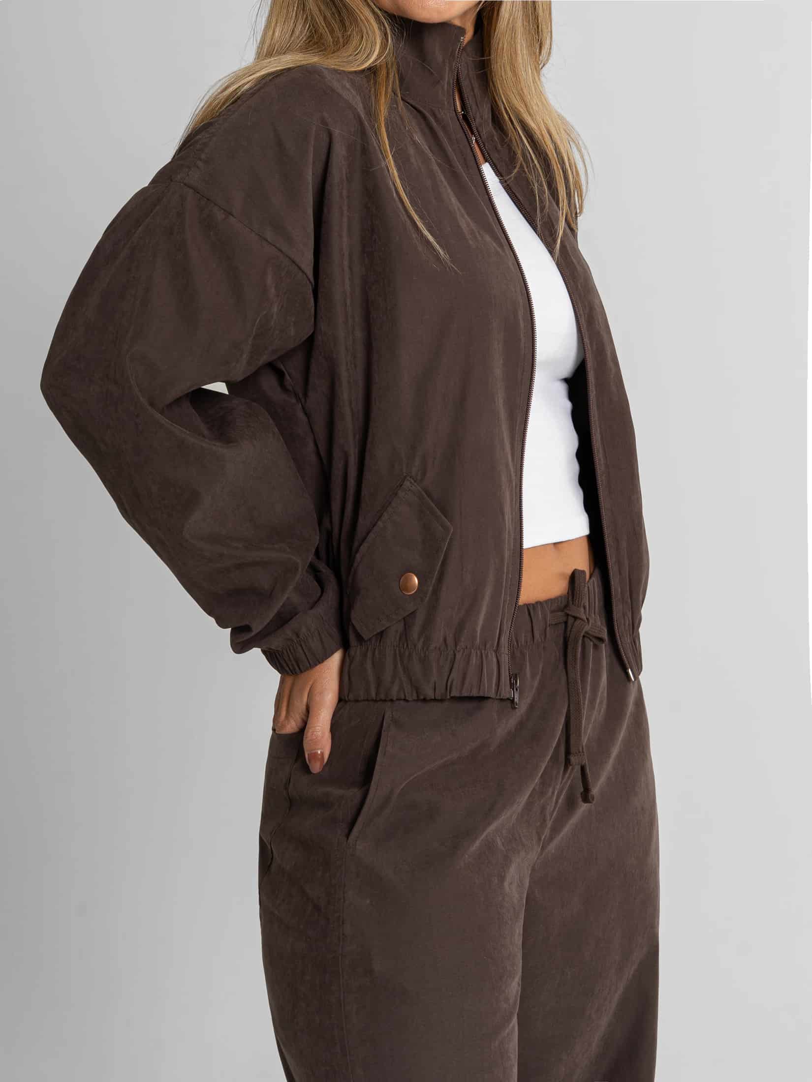 Ref: 0610663 Chaqueta, tejido plano liviano, cuello alto, con cremallera, tono café - miniatura 3