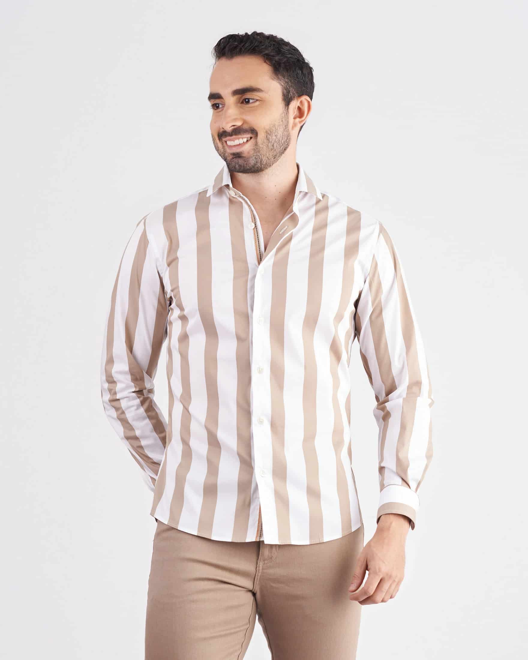 Camisa slim fit a rayas color arena - miniatura 1