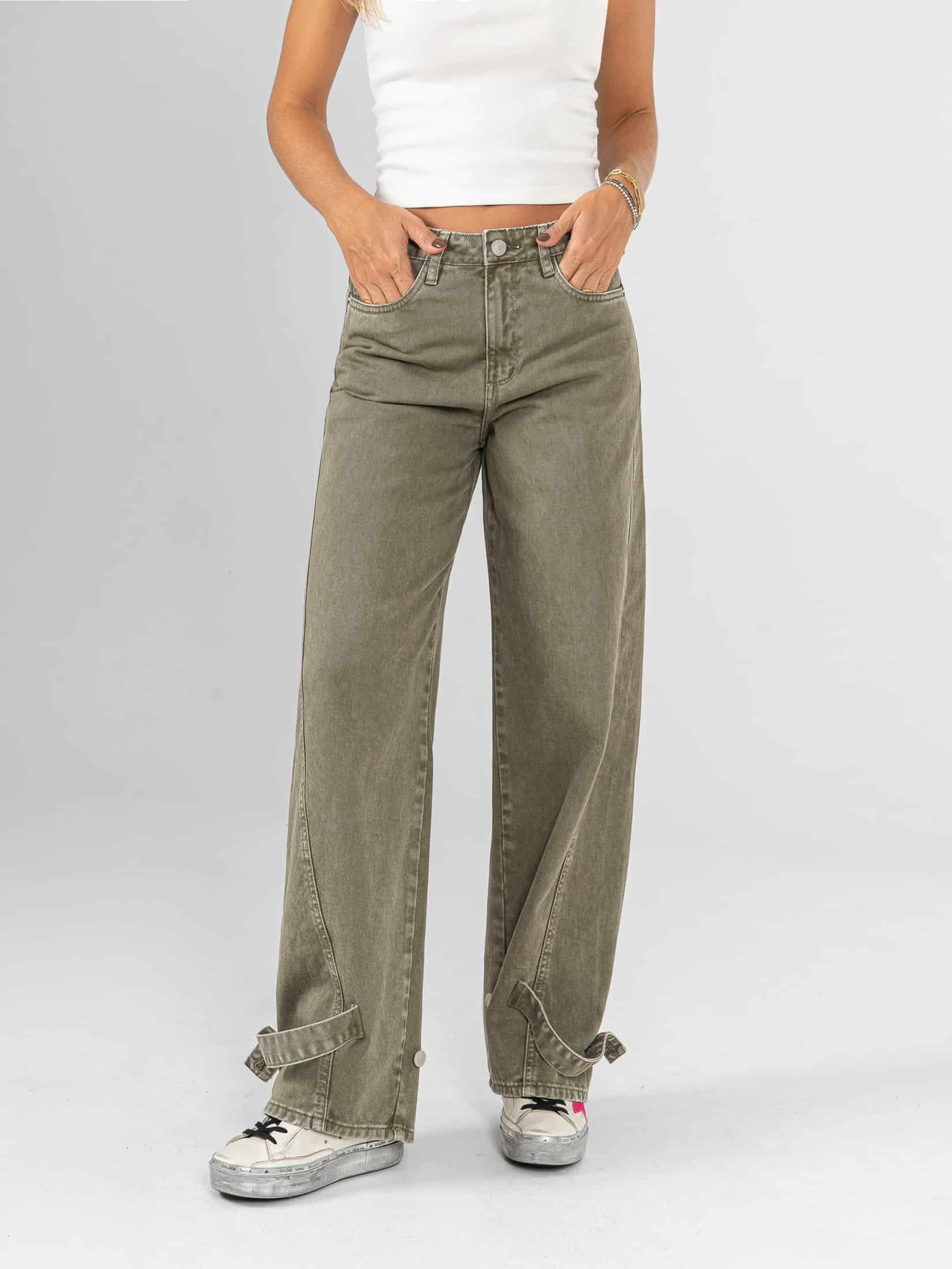 Ref: 0620409 Pantalón wide leg, rígido, tiro alto, detalle en bota, tono verde - miniatura 1