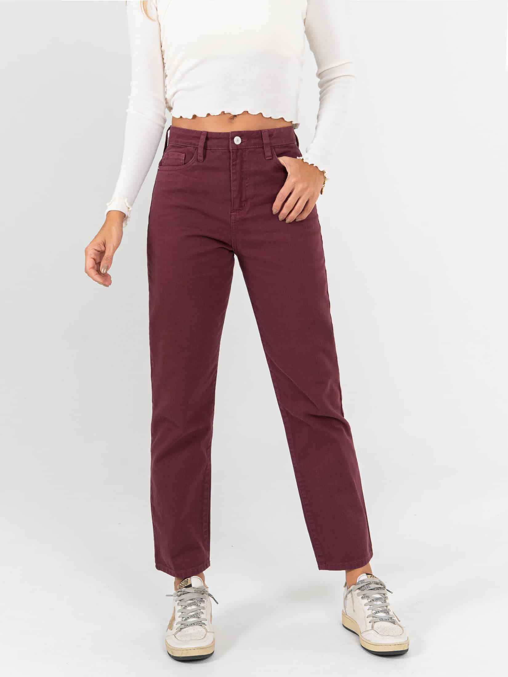 Ref: 0620201 Pantalón mom fit stretch, tiro alto, tono vino tinto. - miniatura 1