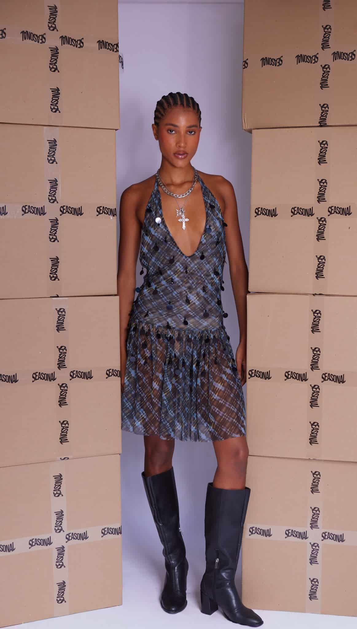 NIGHT GRID EMBROIDERED MESH DRESS - miniatura 2