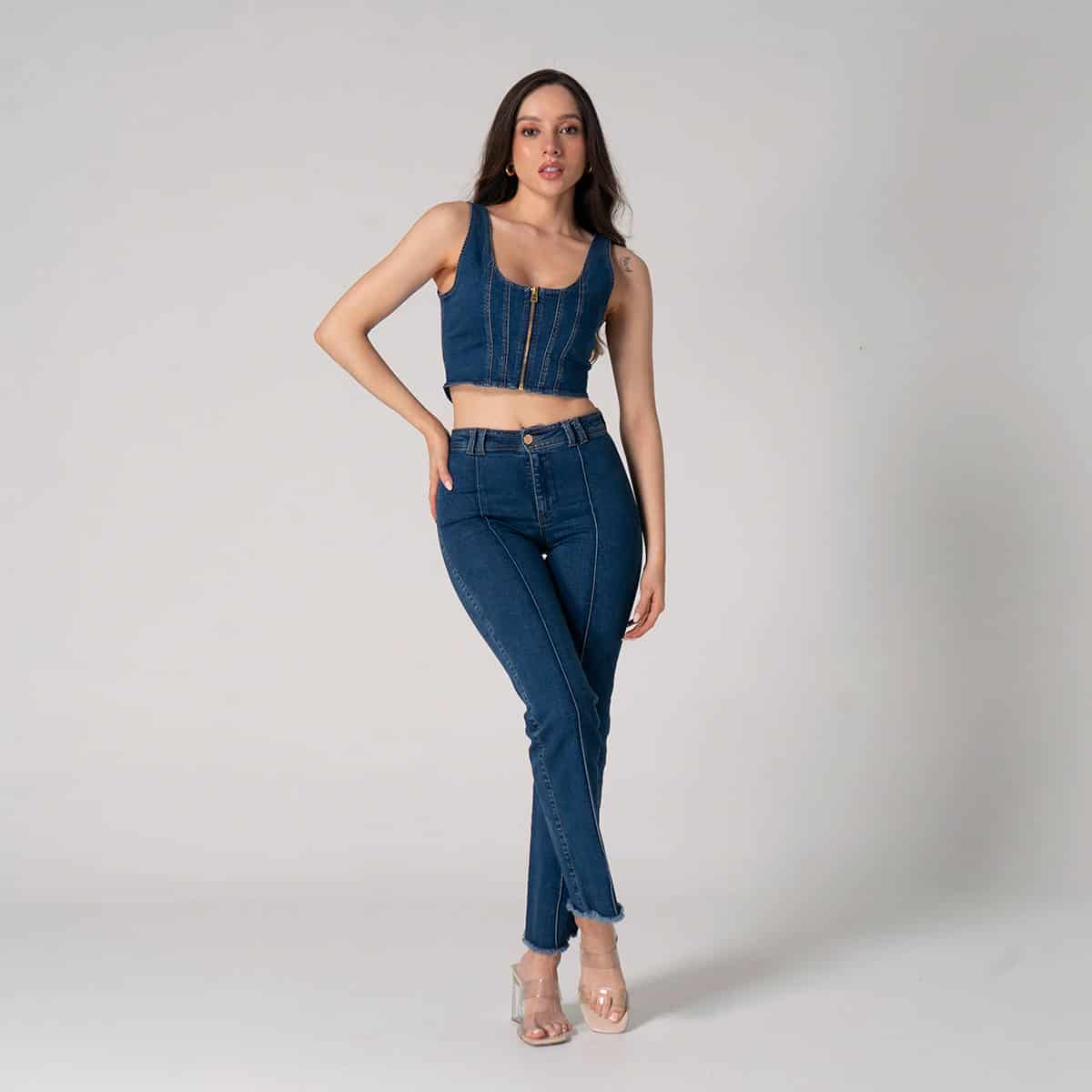 Blusa Crop Top Denim Slim Fava - miniatura 2