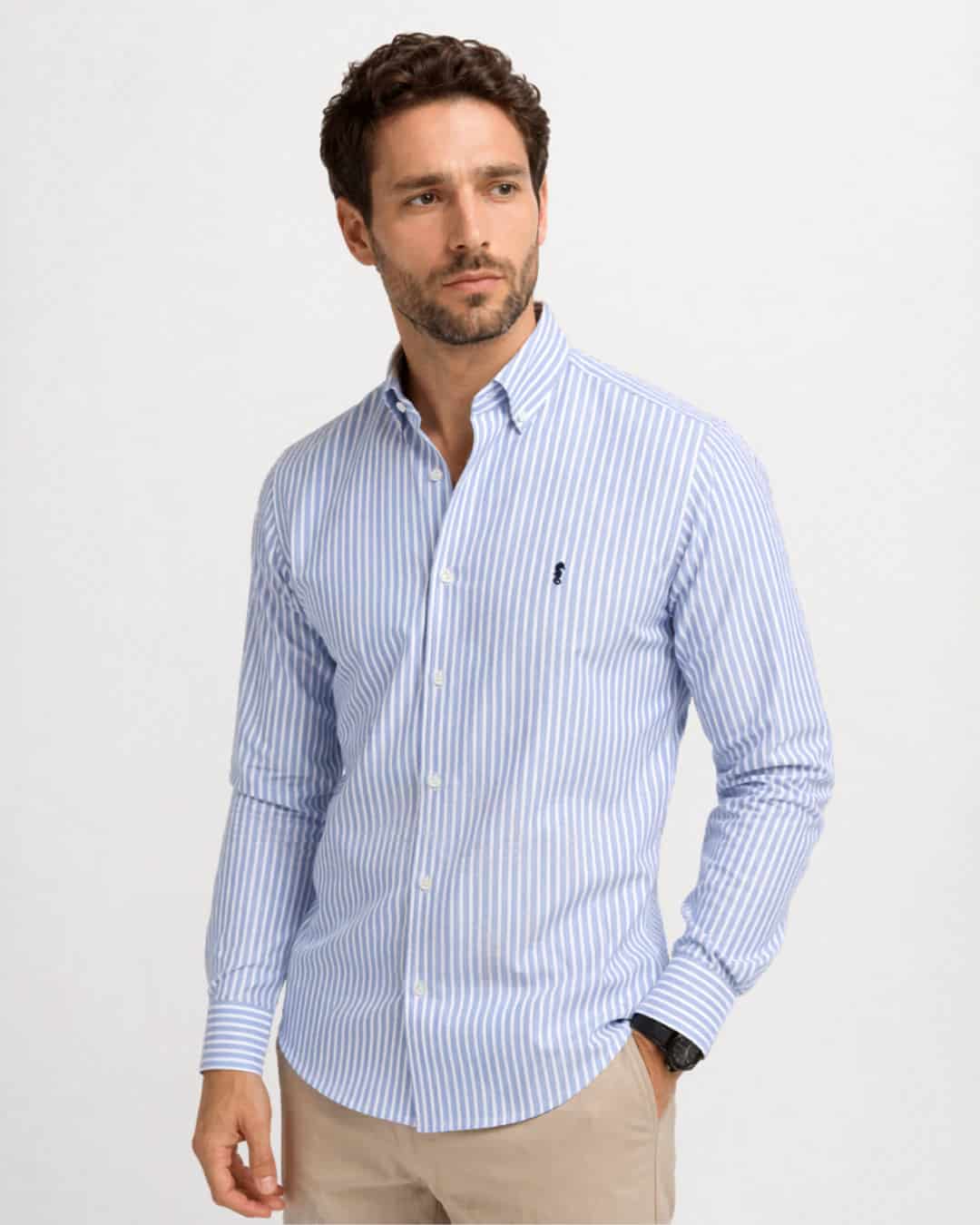 Camisa 100% Algodón Manga Larga Azul Claro Rayas Blancas - miniatura 1