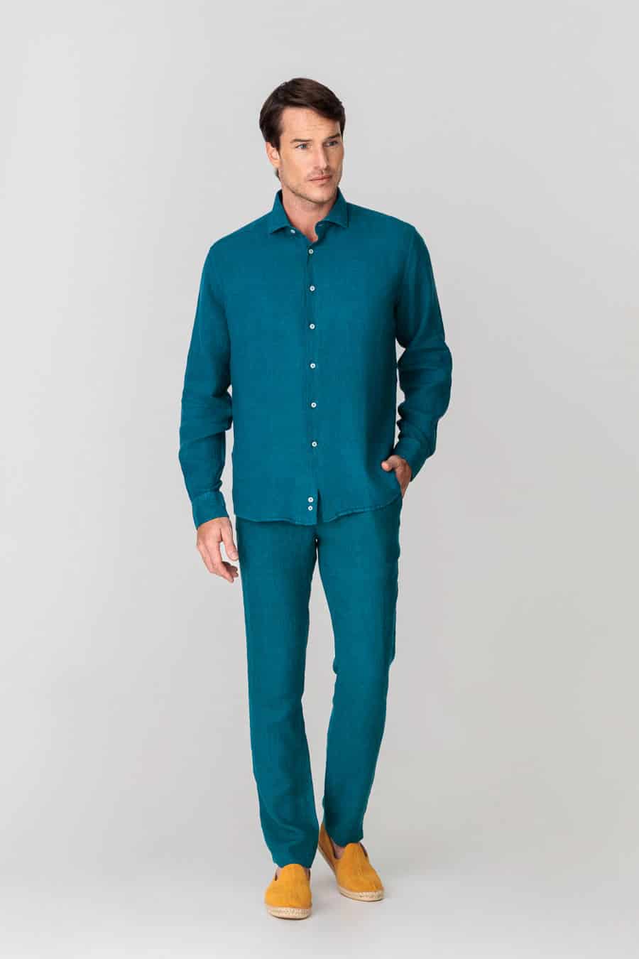 Men's linen shirt petrol blue basic - miniatura 2