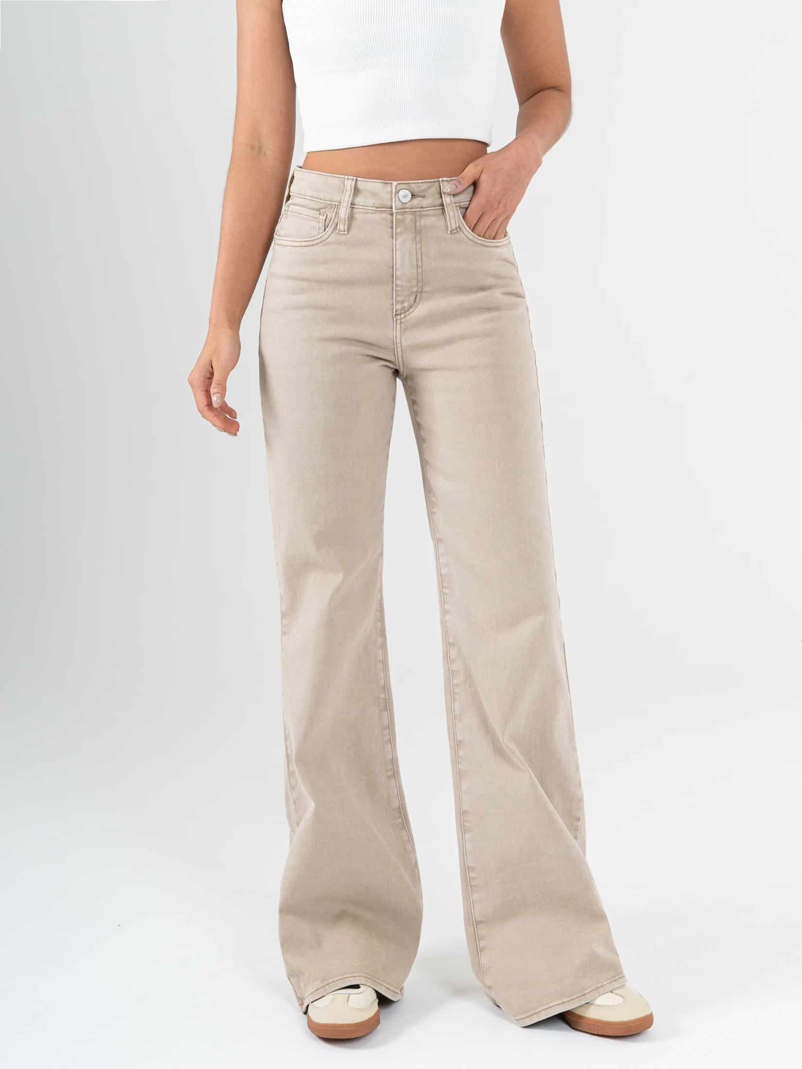 Ref: 069843 Pantalón palazzo stretch, tiro alto, tono caqui - miniatura 1