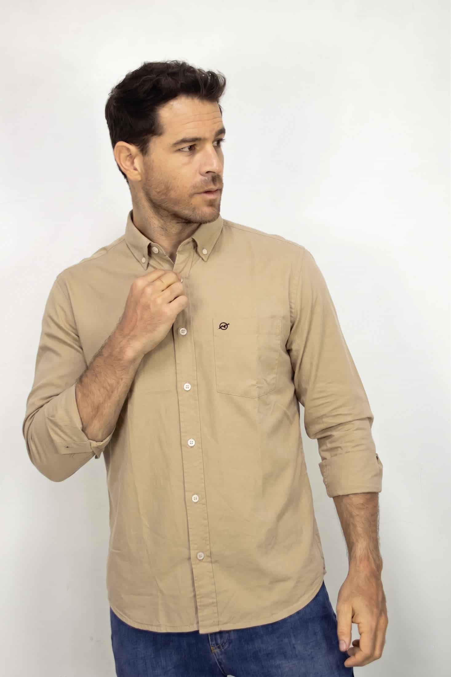 CAMISA MANGA LARGA CAFE EN POPELINA PARA HOMBRE - miniatura 3