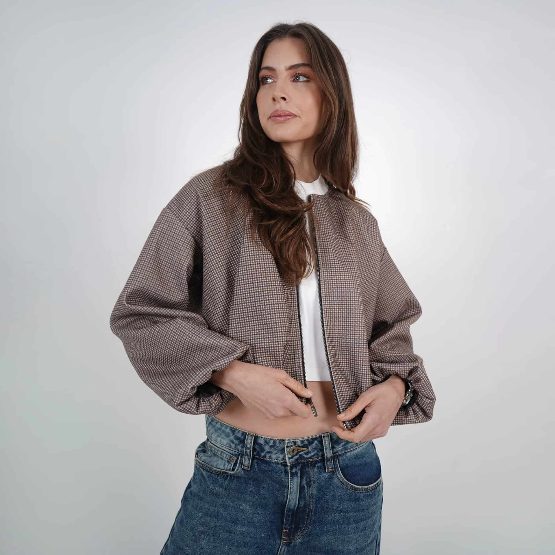 Chaqueta bomber estampado cuadros cuello redondo - miniatura 5