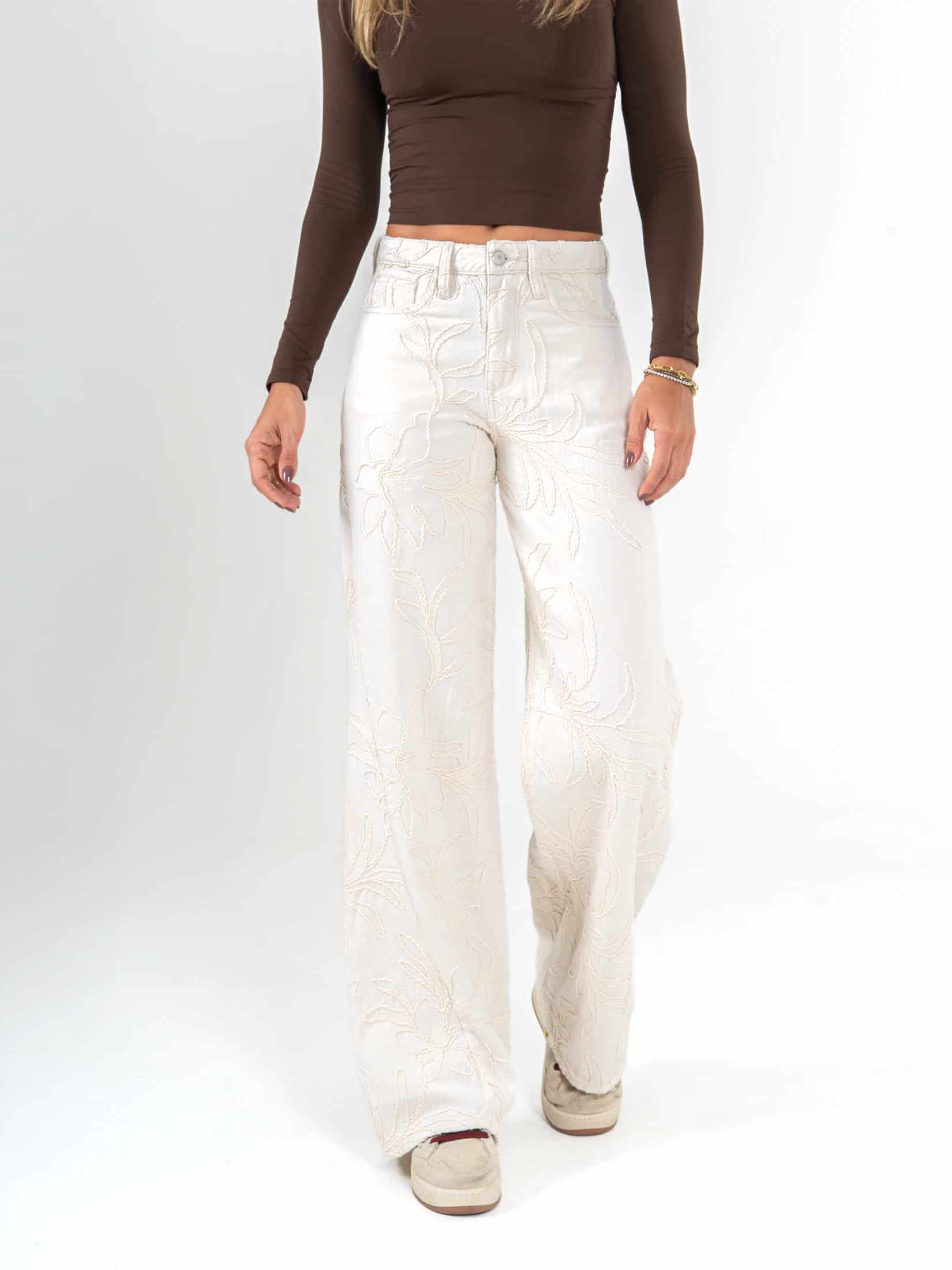 Ref: 0620284 Pantalón wide leg, tiro medio, tela bordada, tono natural - miniatura 1