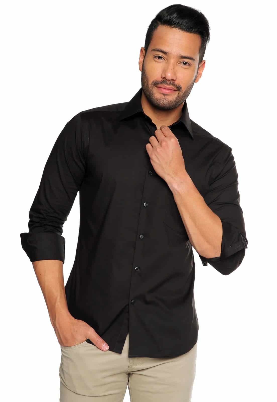 Camisa manga larga negra slim fit con spandex - miniatura 1