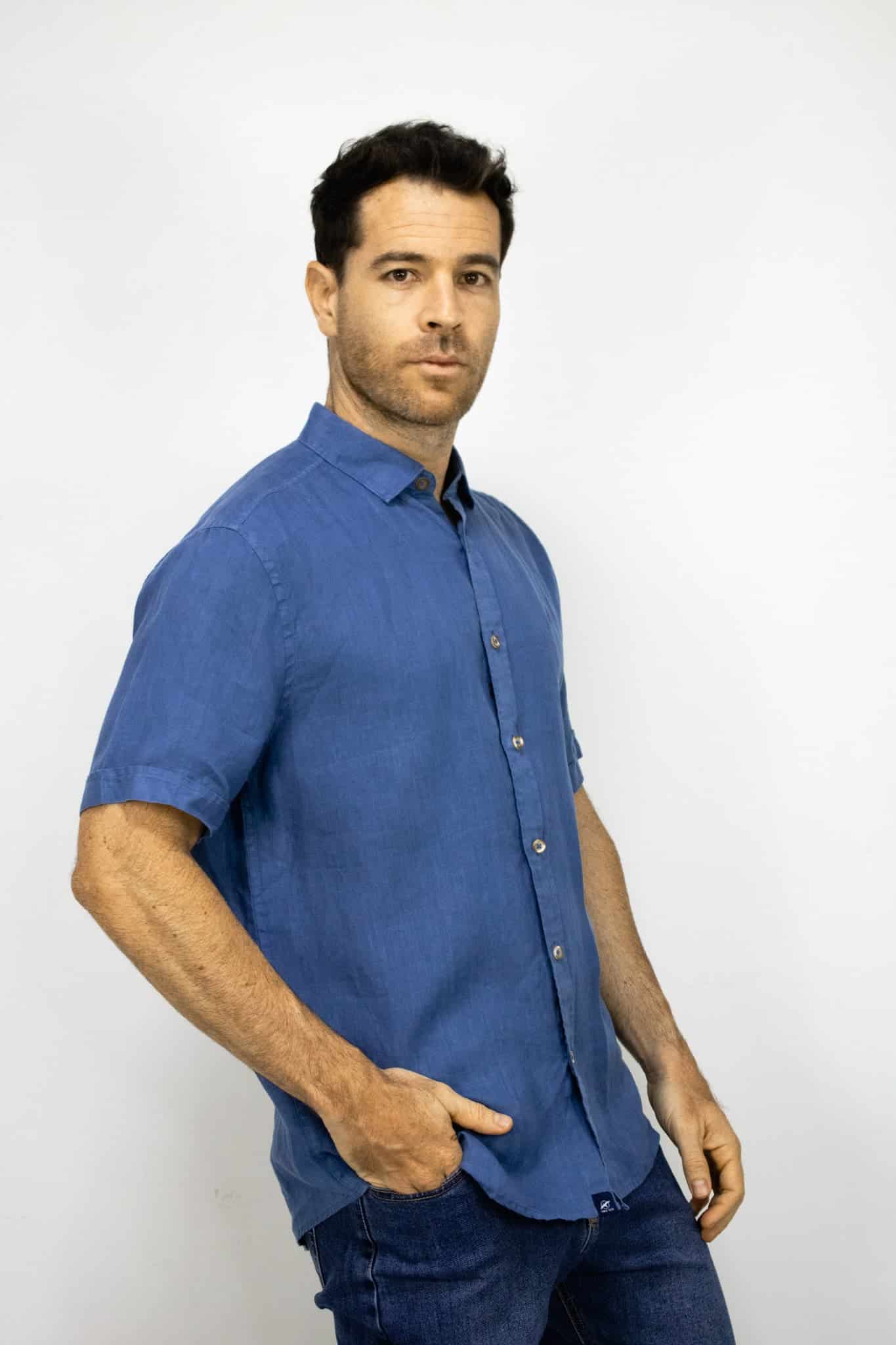 CAMISA LINO MANGA CORTA AZUL PARA HOMBRE - miniatura 2