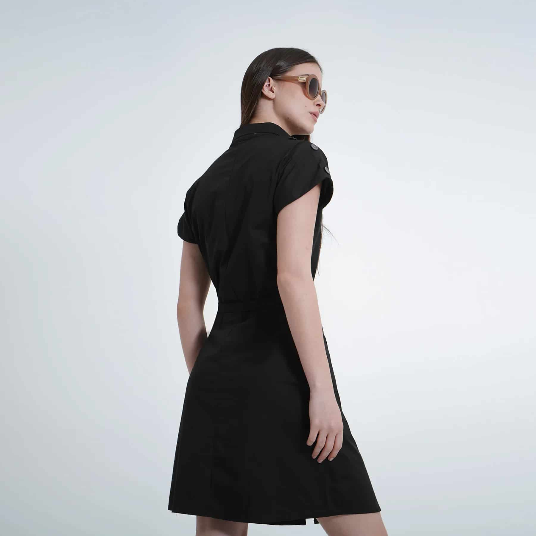 Vestido corto manga corta rodada cuello camisero con lazo - miniatura 10