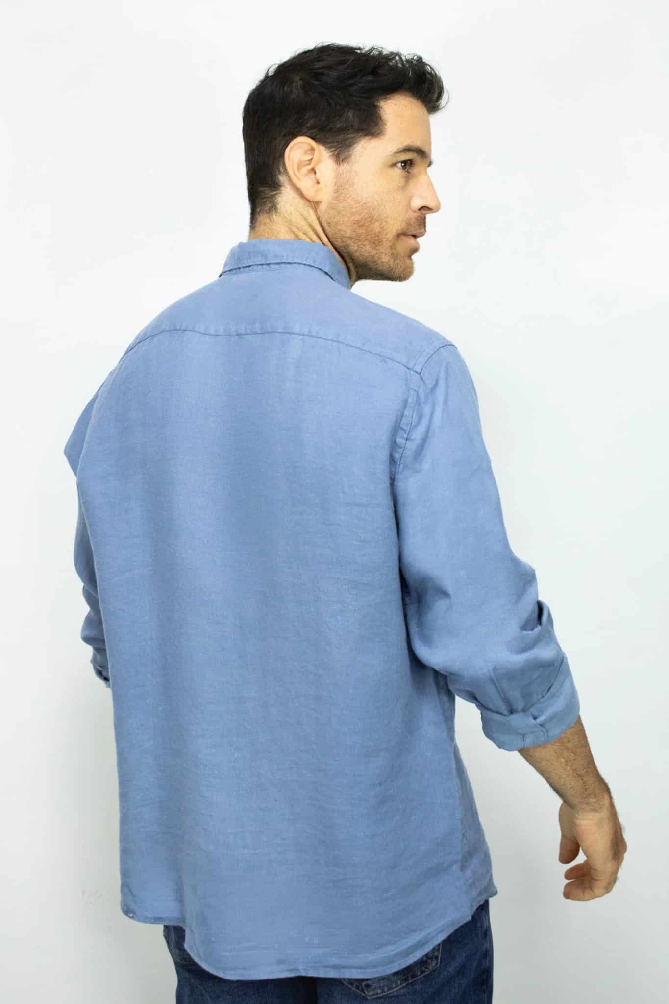 Camisa de Lino Azul Manga Larga para Hombre - miniatura 3