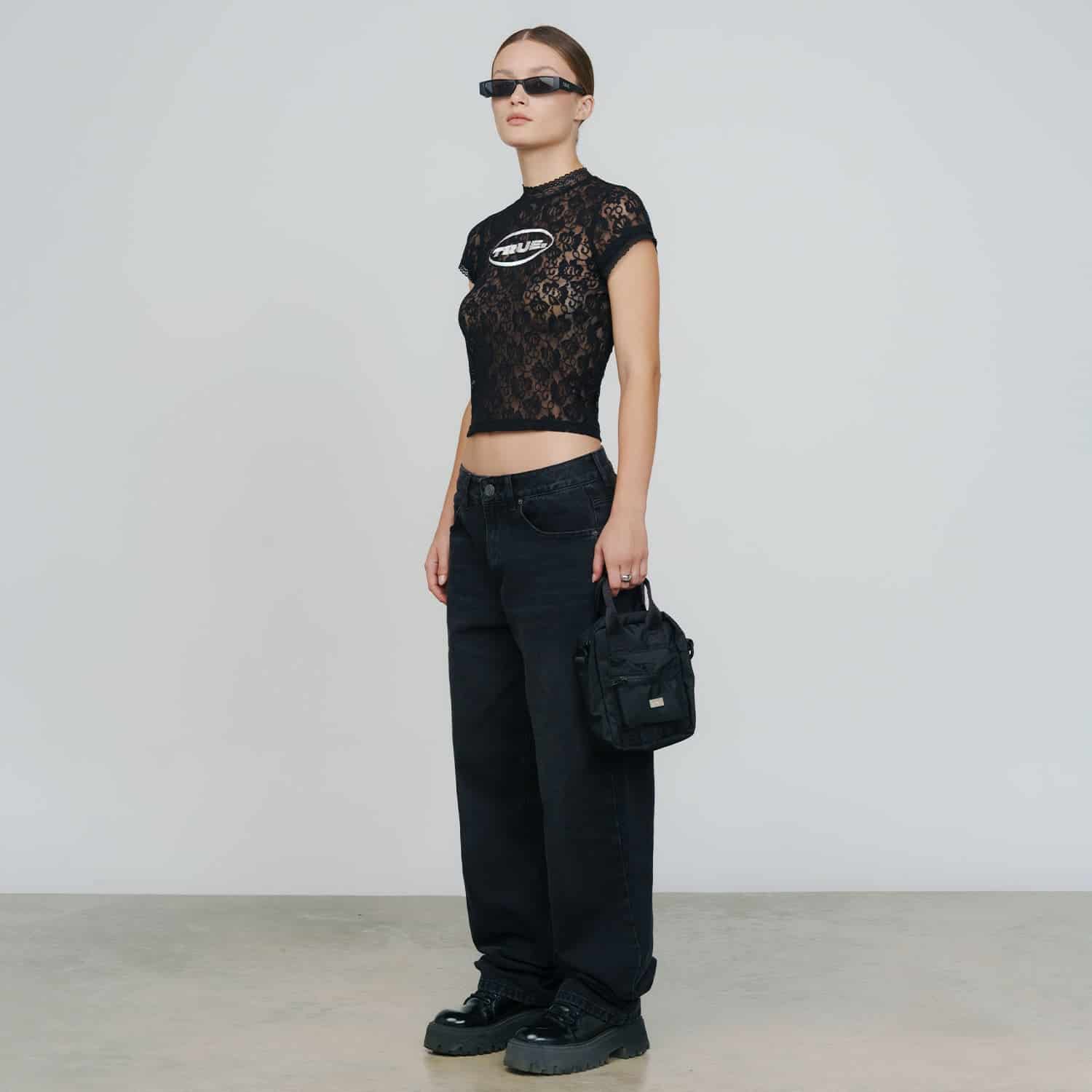 Floral Lace Baby Tee - Black - miniatura 5