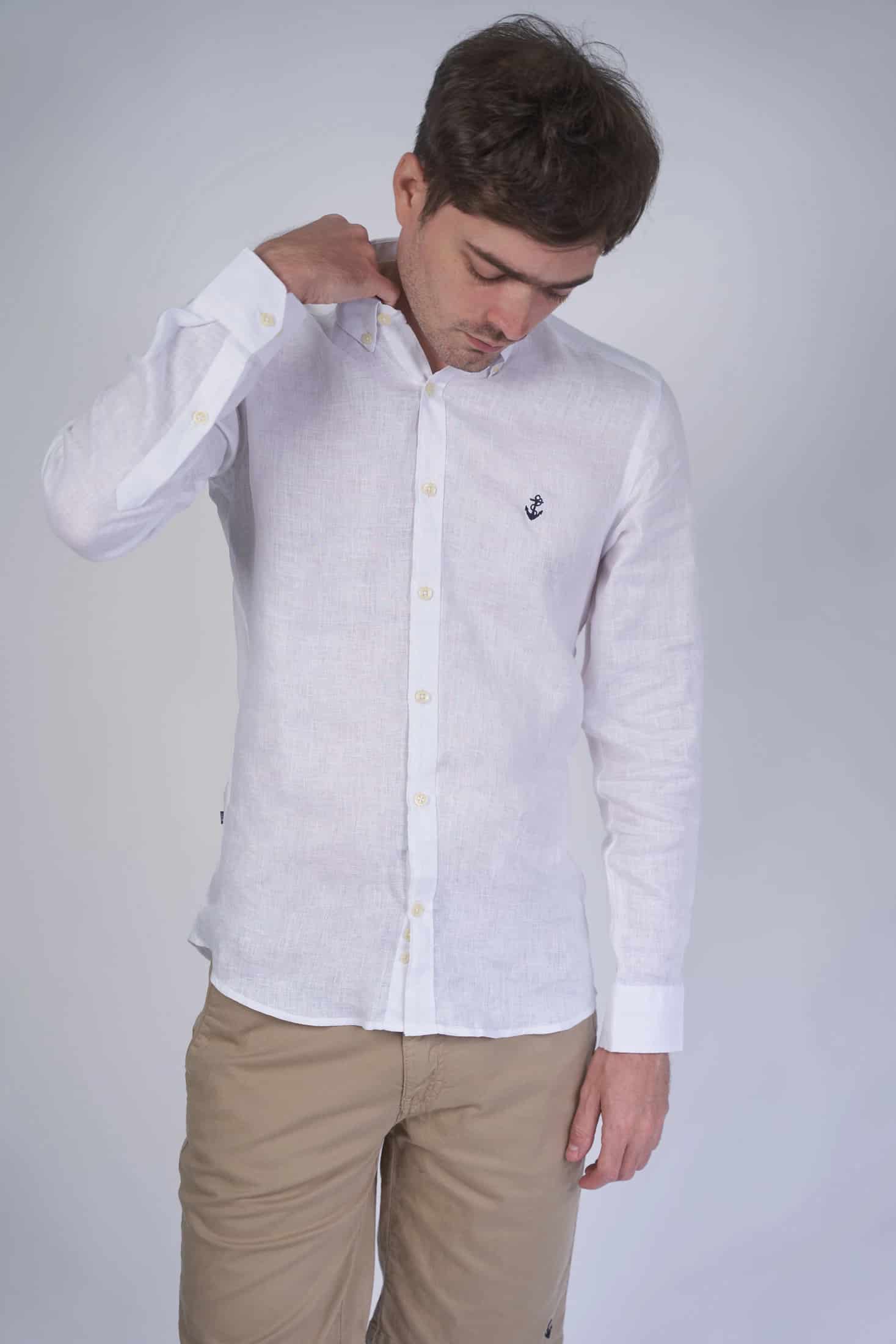 Camisa Lino Blanca a Navy - miniatura 1