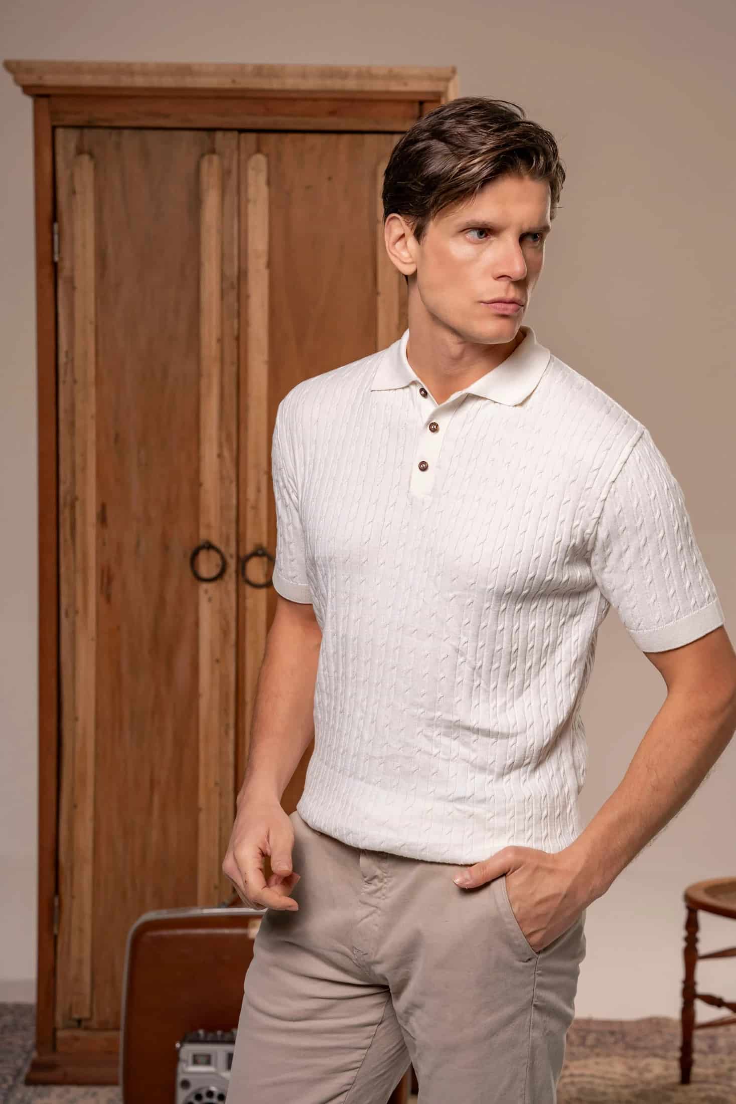 Camiseta polo trenzada tejida Hombre Hueso - miniatura 1